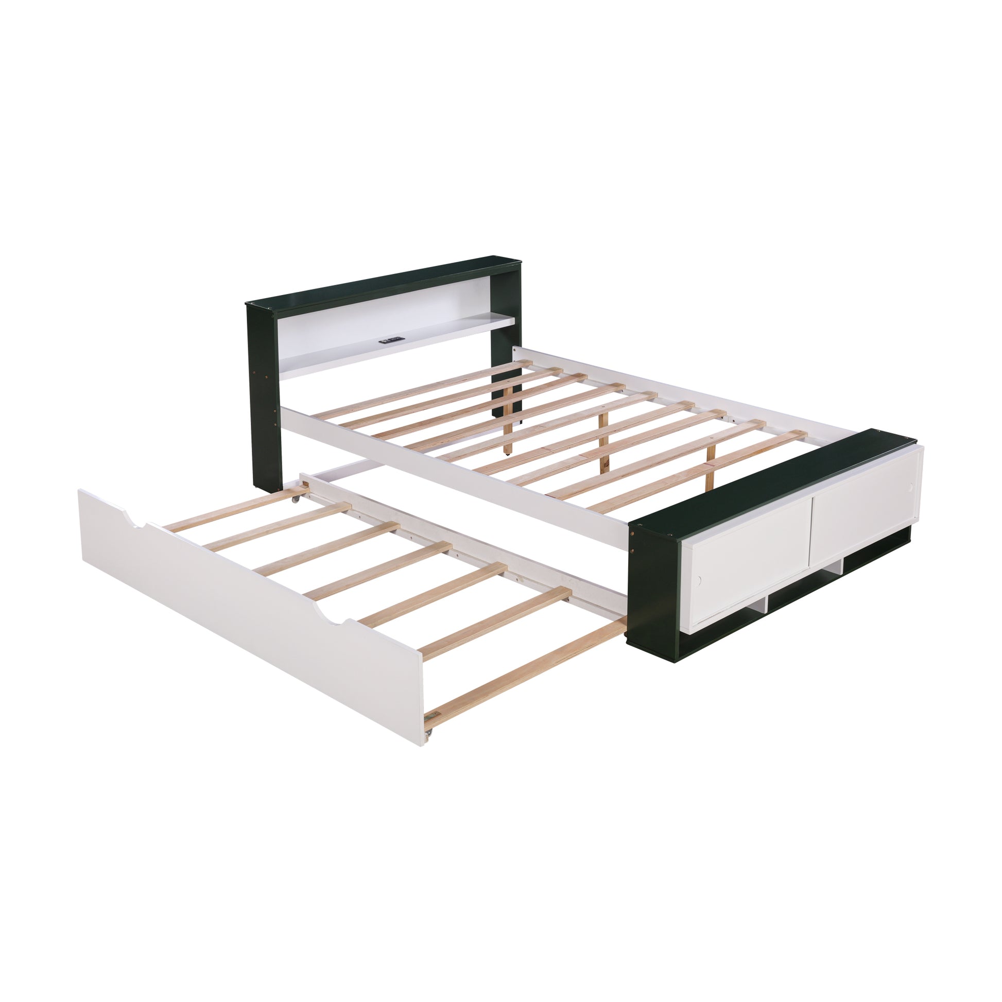 Full Size Platform Bed With Trundle,Storage Headboard And Footboard, Usb Charging Design,White Green Full White Green Solid Wood Mdf