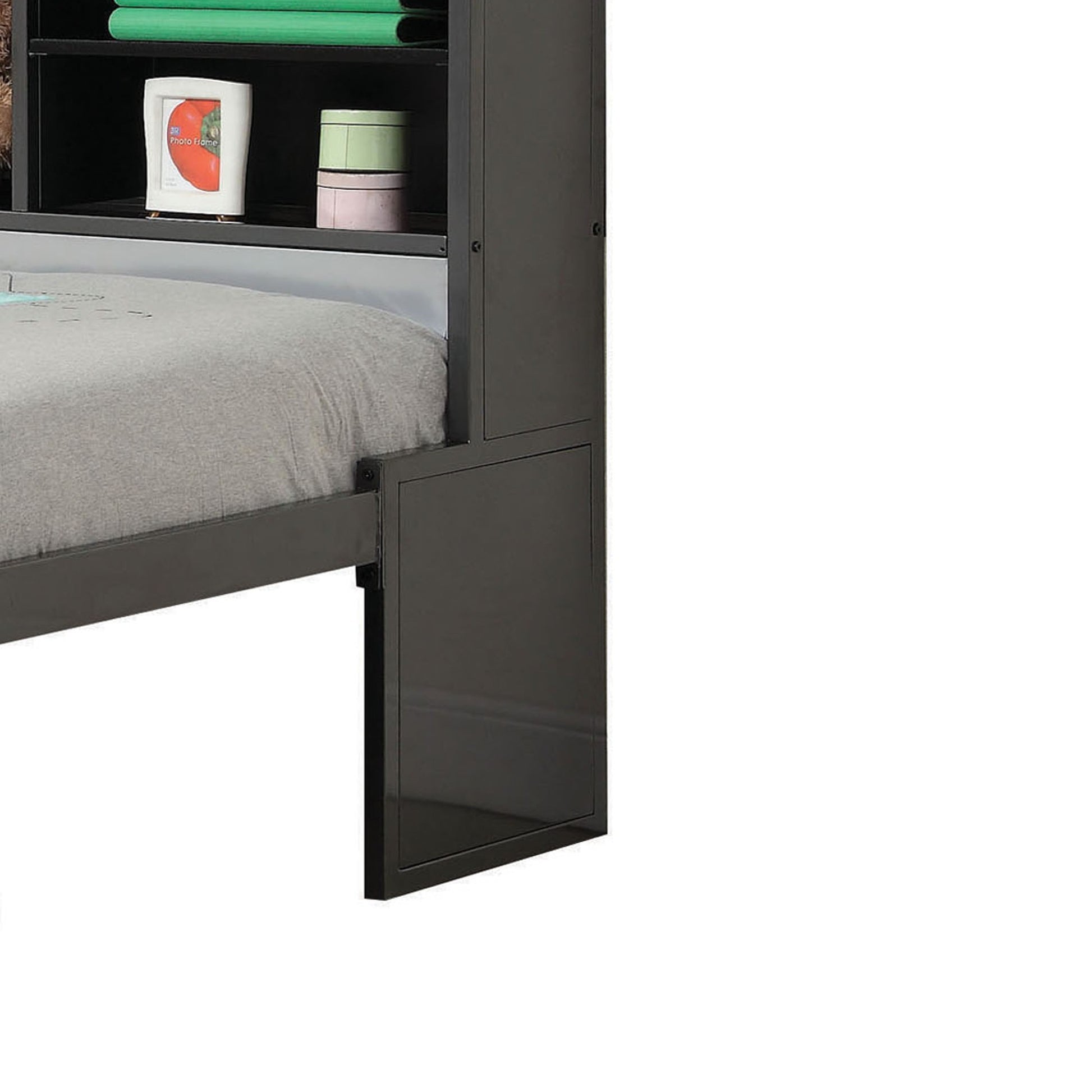 Metal Twin Bed With Bookcase And Rollout Trundle, Black And Silver Black And Silver Wood