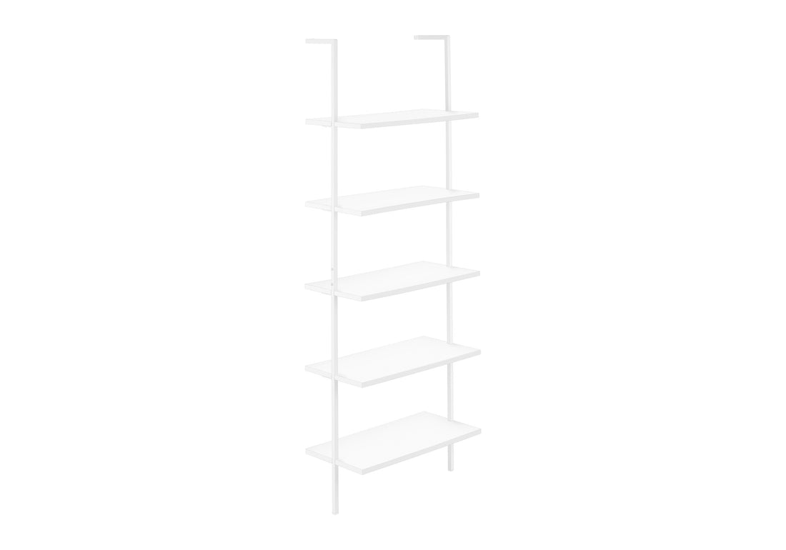 Bookshelf, Bookcase, Etagere, Ladder, 5 Tier, 72"H, Office, Bedroom, White Laminate, White Metal, Contemporary, Modern White Metal