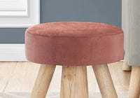 Ottoman, Pouf, Footrest, Foot Stool, 12" Round, Pink Velvet, Natural Wood Legs, Contemporary, Modern Pink Foam Velvet