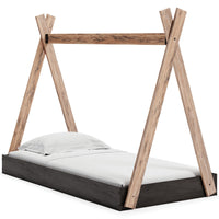 Pipa Modern Twin Size Bed, Crossed Wood A Frame Tent Stand, Jet Black Base Brown Wood