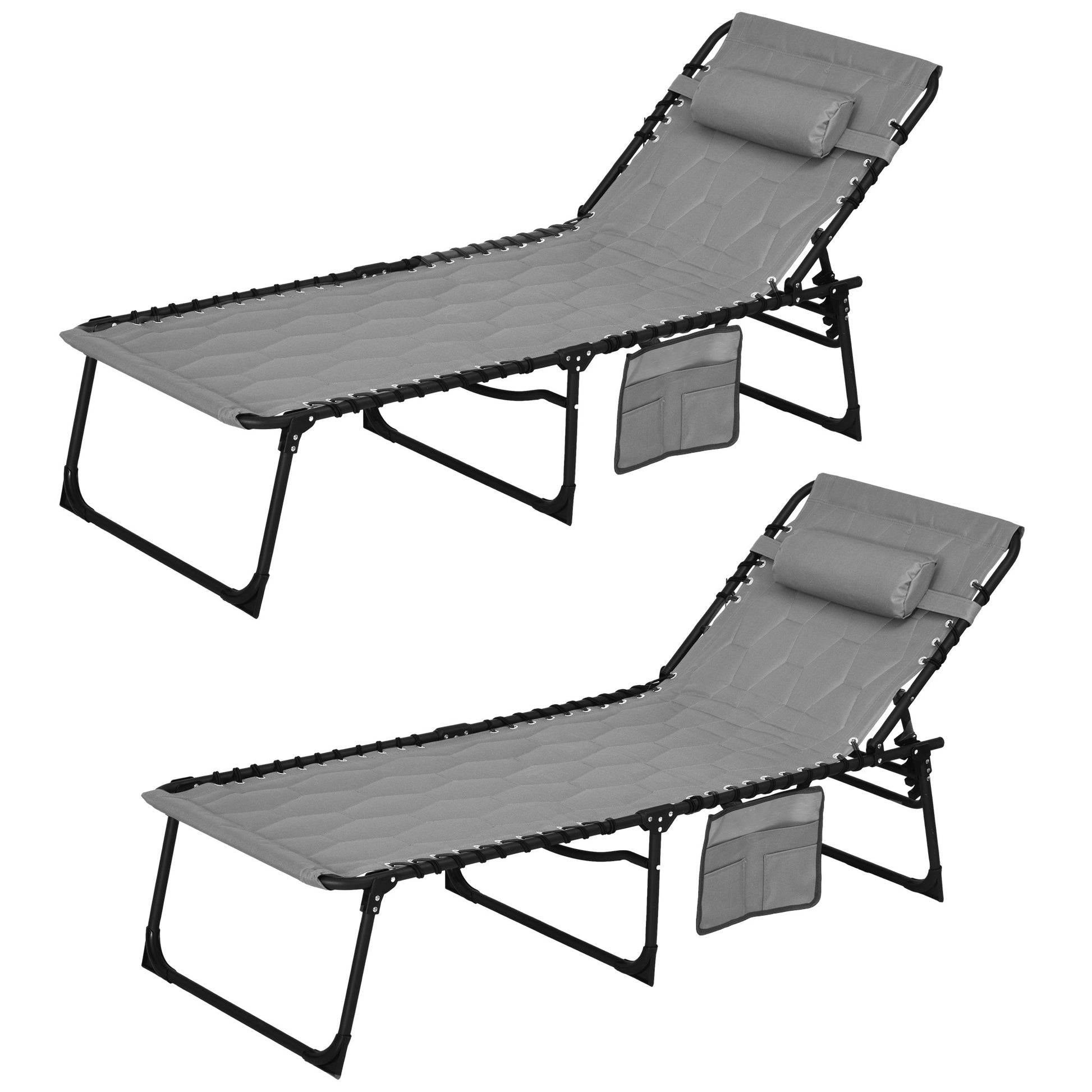 Outsunny Folding Chaise Lounge Set With 5 Level Reclining Back, Outdoor Lounge Tanning Chair With Padded Seat, Side Pocket & Headrest For Beach, Yard, Patio, Gray Grey Steel