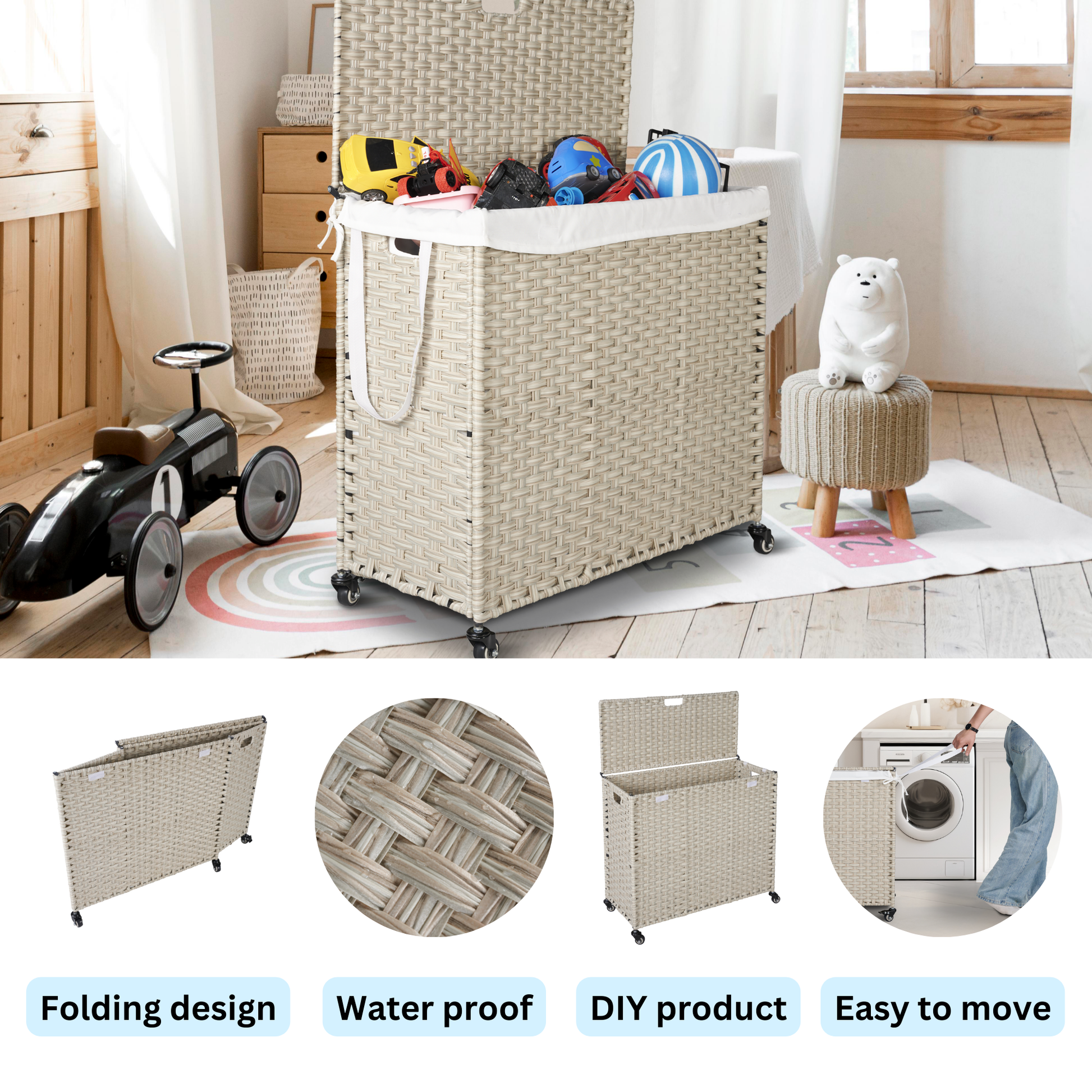 Laundry Hamper With Lid Pe Rattan Powder Coating Frame Clothes Hampers With 02 Removable Bags, Wheels, 160L, Grey Color Light Grey 1 Foldable Bathroom American Design,American Traditional Wicker