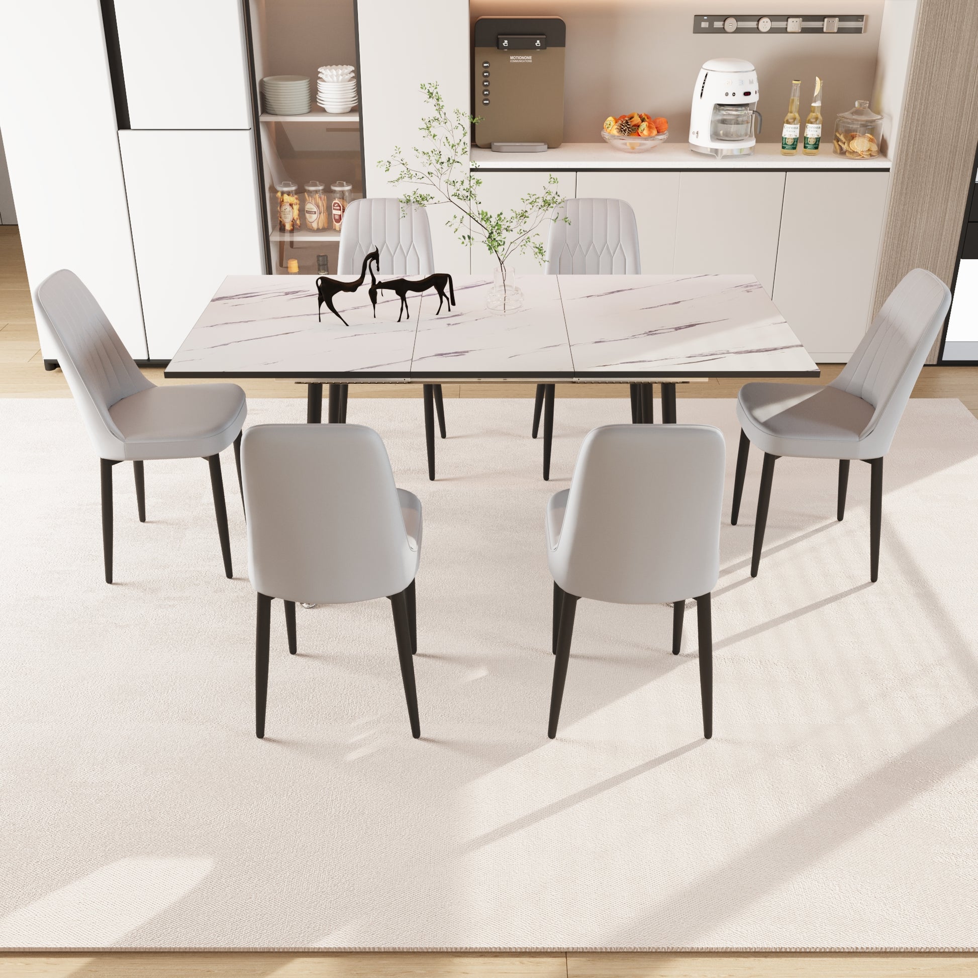 An Expandable Dining Table Set For 2 6 People, Equipped With Pu Fabric Thick Cushioned Dining Chairs And An Elegant And Spacious Dining Tablekitchen Table And Chair Set, With Black Metal Legs Grey