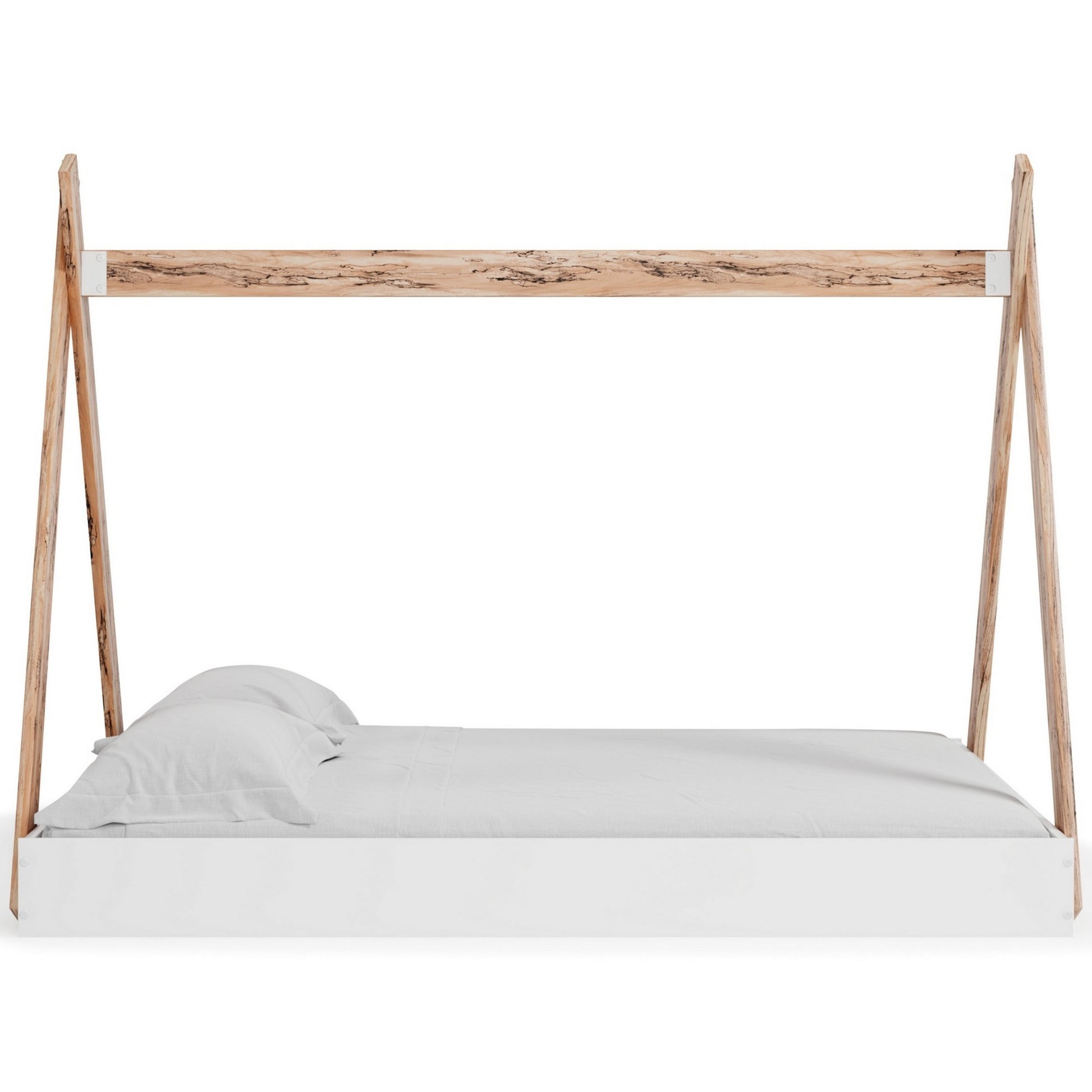 Pipa Modern Full Bed, Crossed Wood A Frame Tent Stand, Crisp White Base Brown White Engineered Wood