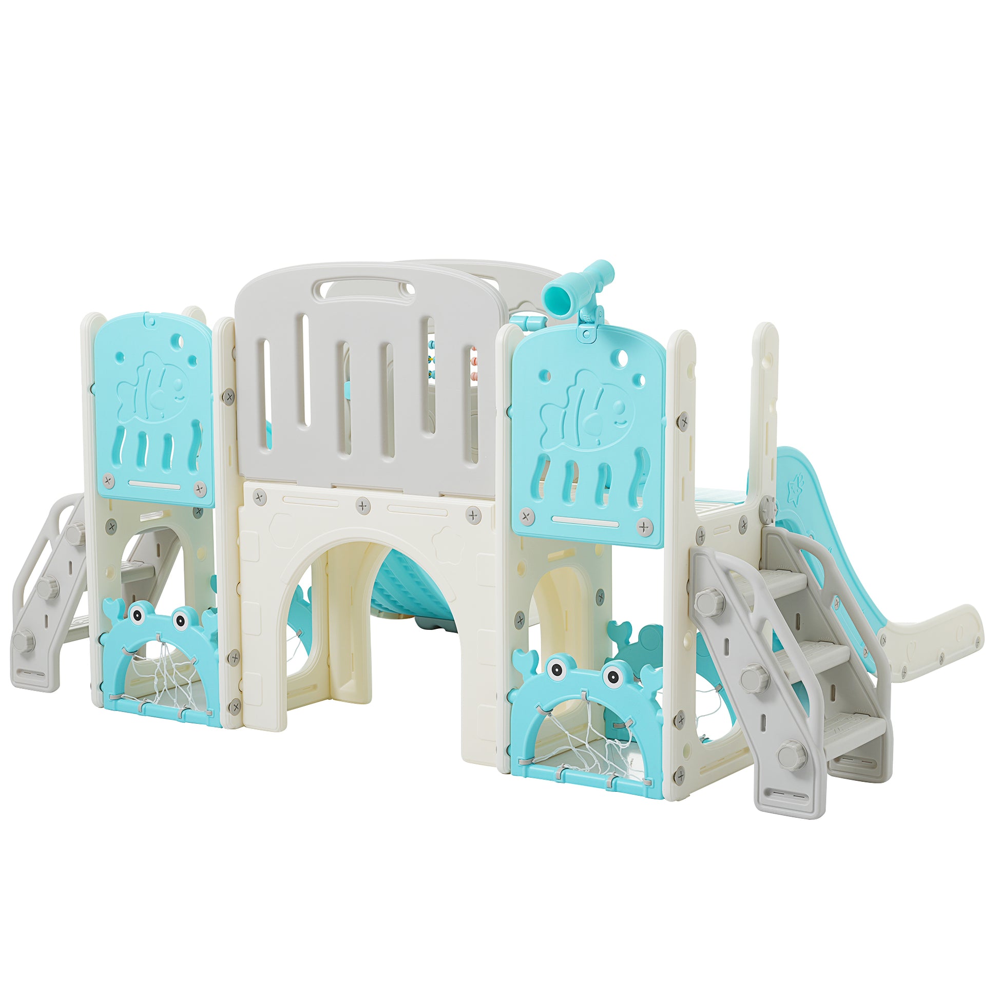 Kids Slide Playset Structure 8 In 1, Freestanding Ocean Themed Set With Slide, Arch Tunnel,Basketball Hoop And Telescope, Double Slides For Toddlers, Kids Climbers Playground Blue 50 99 Lbs Cute 1 To 2 Years Hdpe Indoor & Outdoor Use