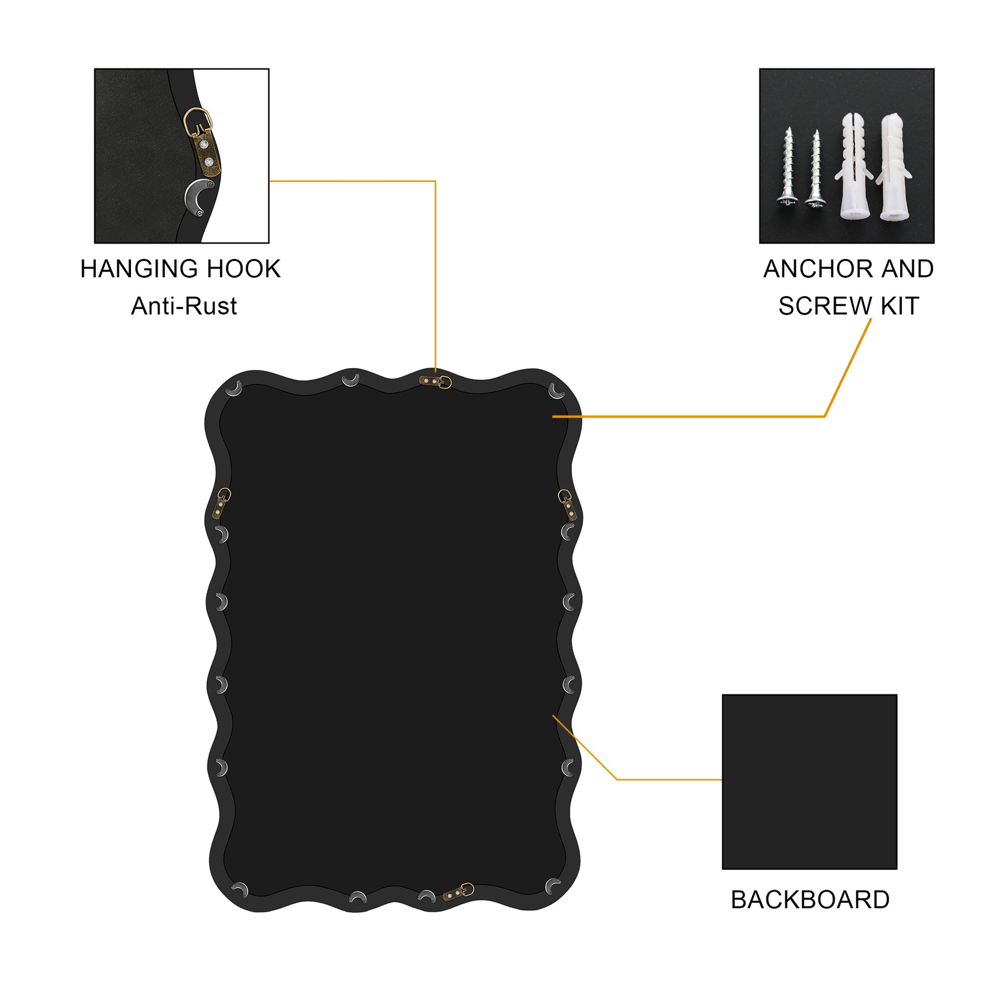 Solid Wood Wavy Rectangle Mirror Black 40" X 28" Modern Mirror Wall Decor For Bathroom, Bedroom, Living Room, Dining Room, Cloakroom, Entryway Rectangle Antique Black Living Room Large 33In 40In Glass Solid Wood