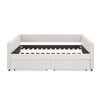 Queen Size Daybed With Two Drawers Trundle Upholstered Sofa Bed, With Vertical Stripes, Linen Fabric, Beige 86.5"X65"X30" Beige Linen