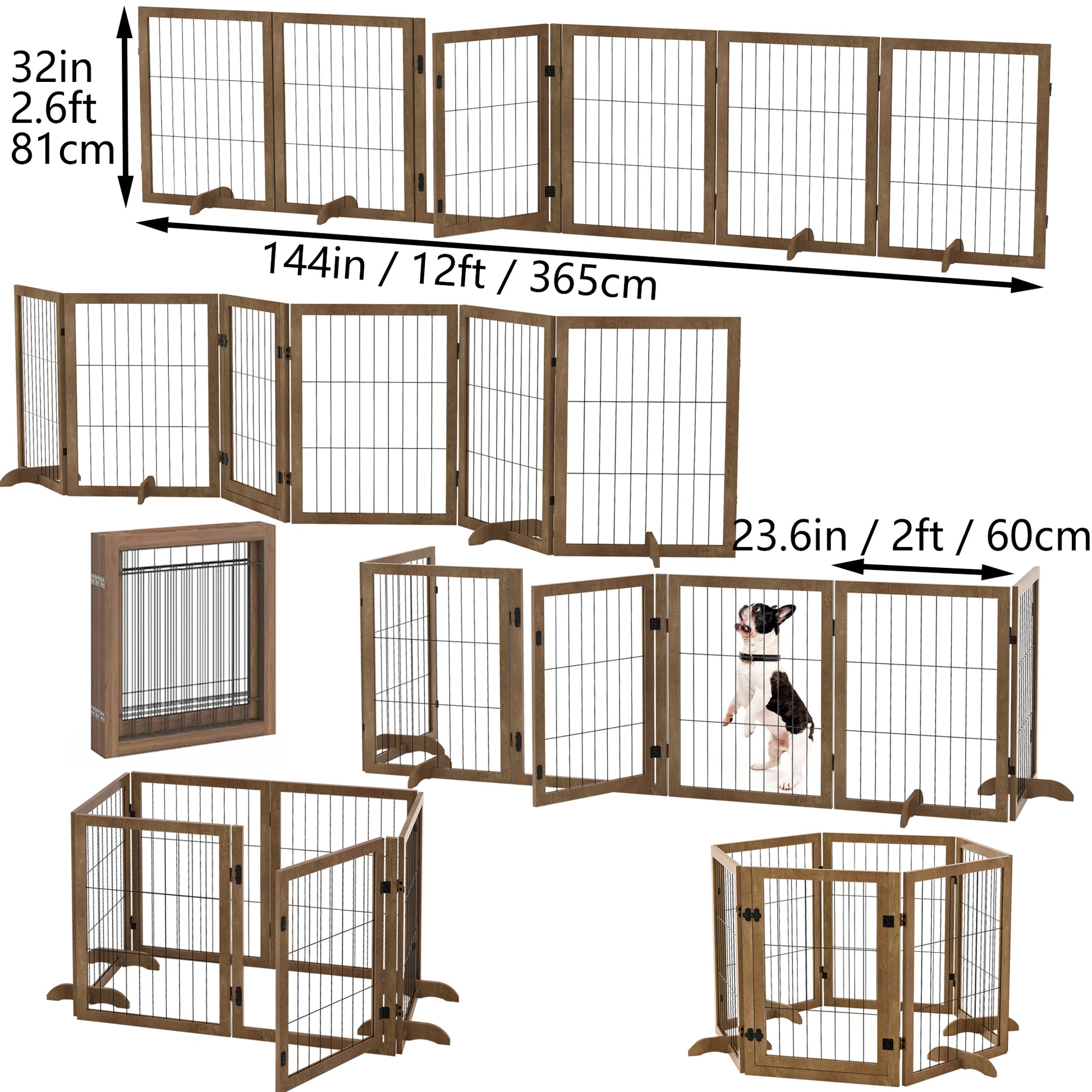 Dog Gate With Door Pet Dog Fence Barrier 6 Panels 144 Inch Wide 32 Inch Tall Foldable Multiple Shapes Freestanding With Support Feet Indoor Use For House Doorway Stairs Plant Stand Brown Pet Barrier Medium 26 40 Lbs Solid Wood