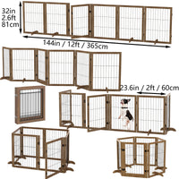 Dog Gate With Door Pet Dog Fence Barrier 6 Panels 144 Inch Wide 32 Inch Tall Foldable Multiple Shapes Freestanding With Support Feet Indoor Use For House Doorway Stairs Plant Stand Brown Pet Barrier Medium 26 40 Lbs Solid Wood