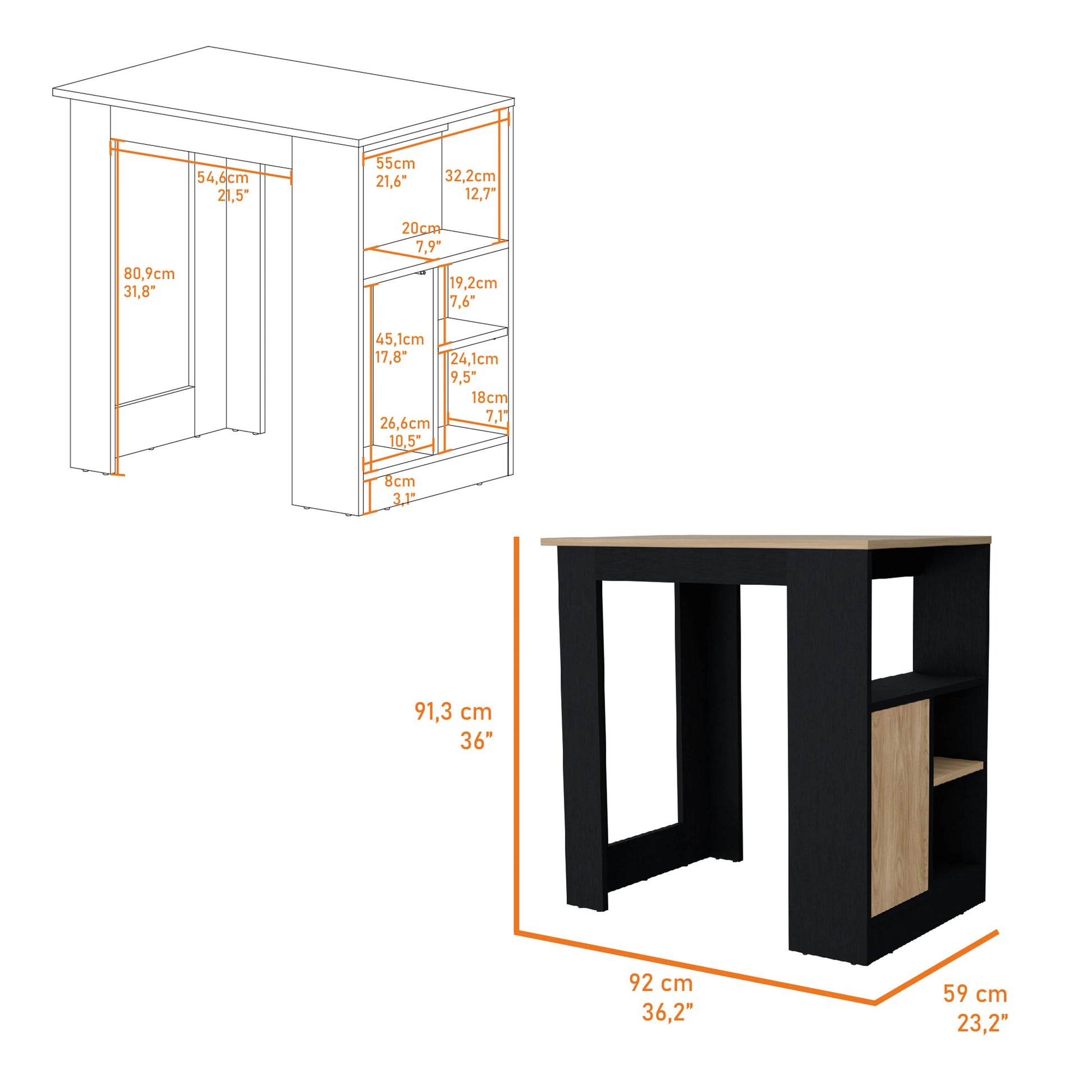 Black And Natural Oak 1 Door Kitchen Island With Open Storage Oak Particle Board Melamine