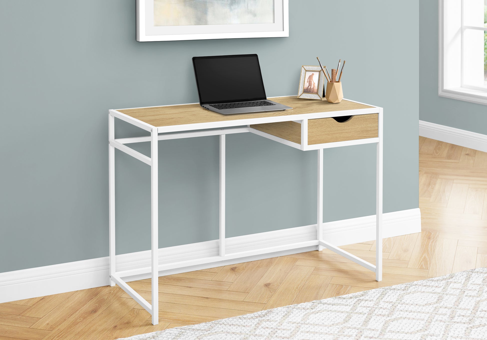 Computer Desk, Home Office, Laptop, Storage Drawer, 42"L, Work, Natural Laminate, White Metal, Contemporary, Modern Natural Mdf