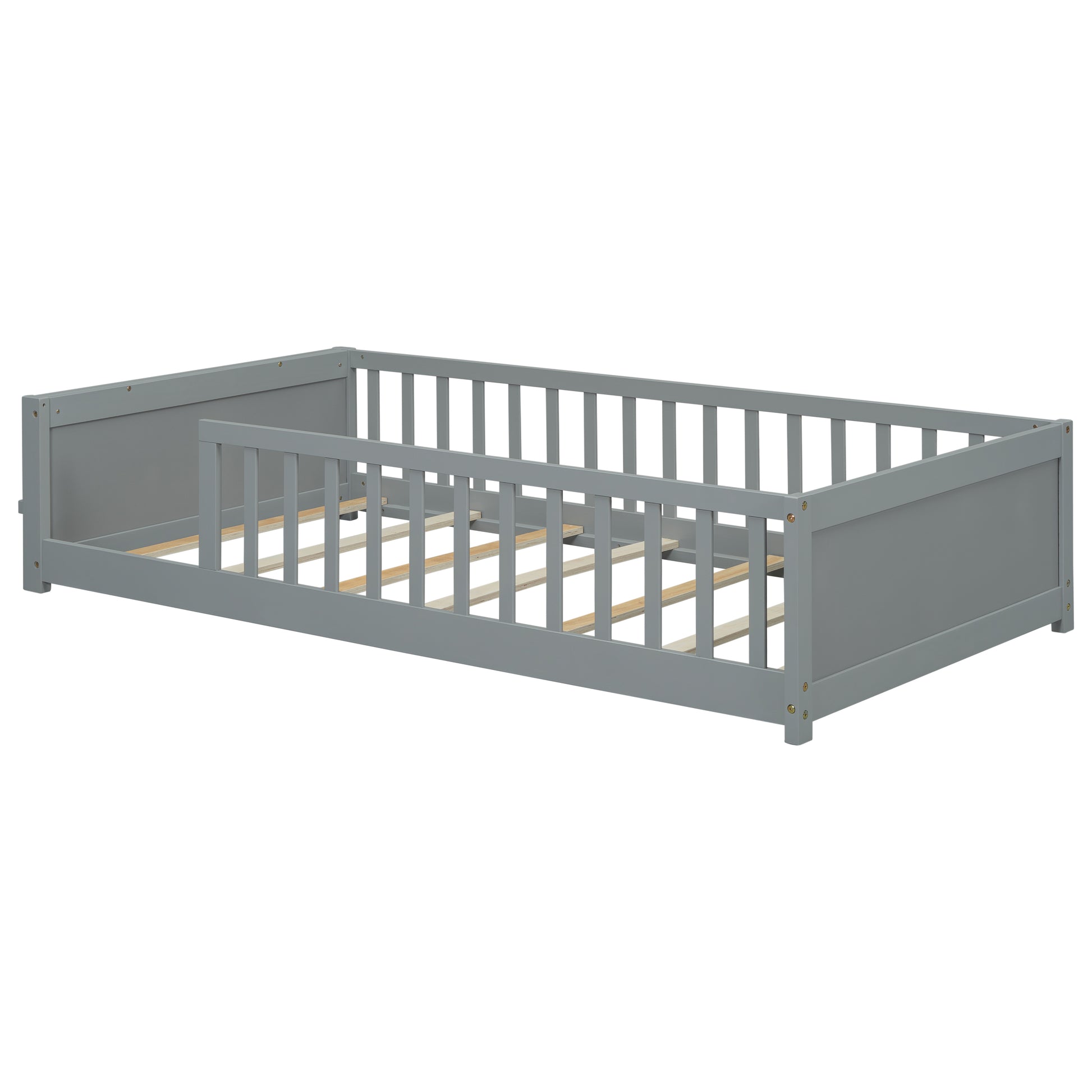 Twin Size Floor Platform Bed With Built In Book Storage Rack,Grey Twin Grey American Design Pine