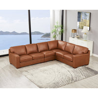 Dillon Leather L Shaped Sectional Brown Genuine Leather Wood Primary Living Space Medium Firm Cushion Back Mid Century Modern L Shaped Eucalyptus Square Arms Down Filling Leather 6 Seat