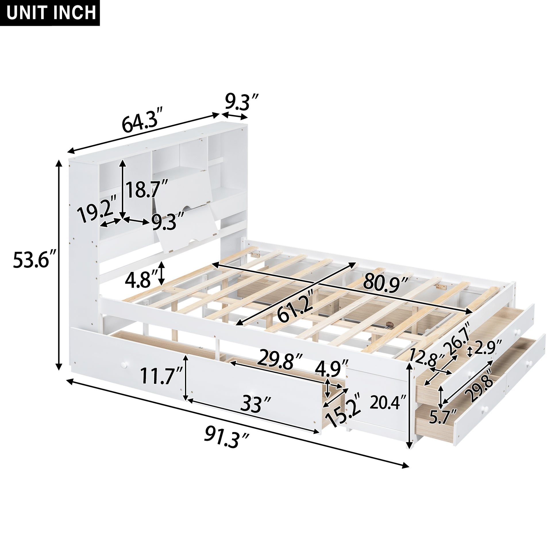 Queen Size Platform Bed With Storage Headboard And 8 Drawers, White Box Spring Not Required Queen White Wood Bedroom Bed Frame Solid Wood Mdf