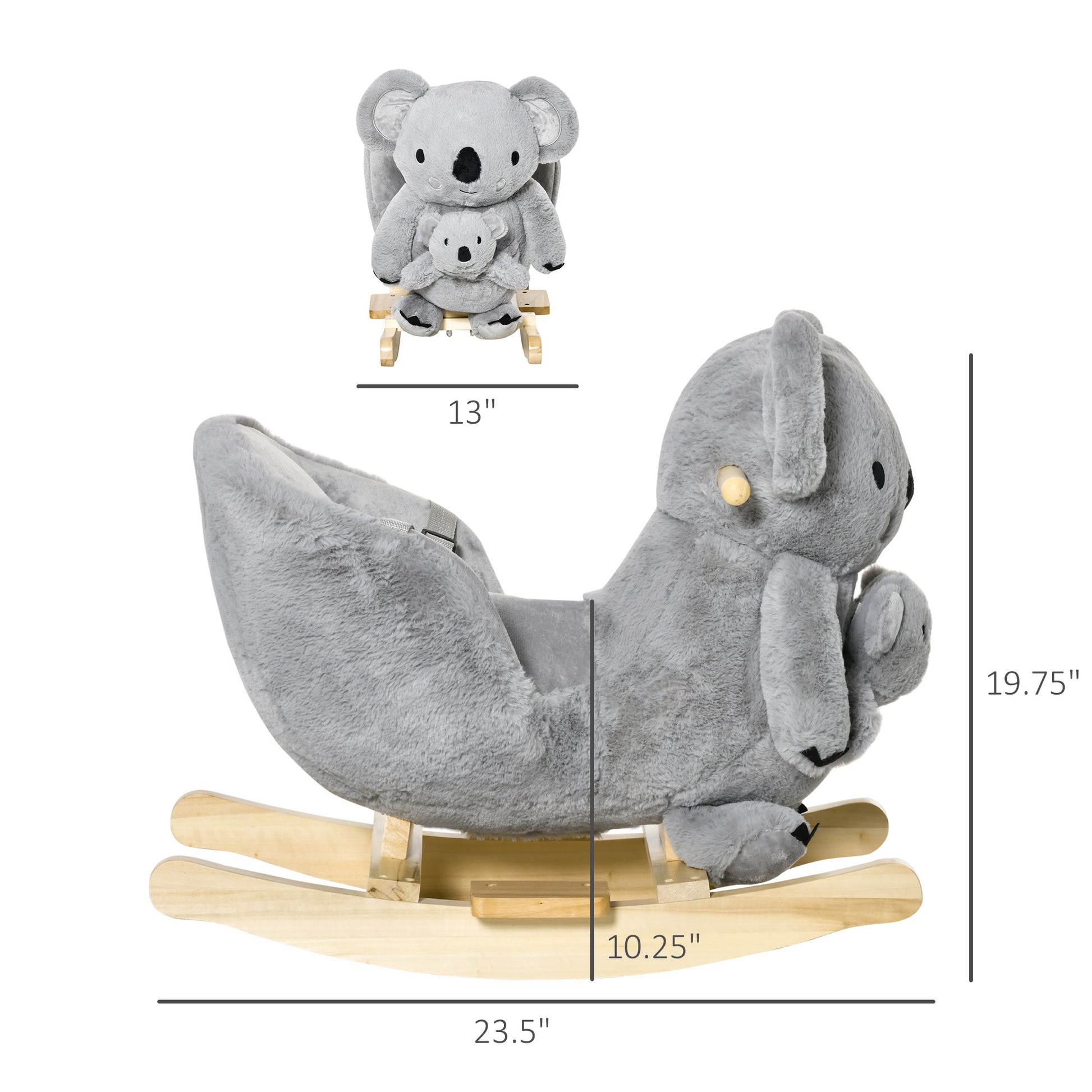 Qaba Kids Ride On Rocking Horse, Koala Shaped Rocker With Realistic Sounds For Children 18 36 Months, Gray Grey Cotton