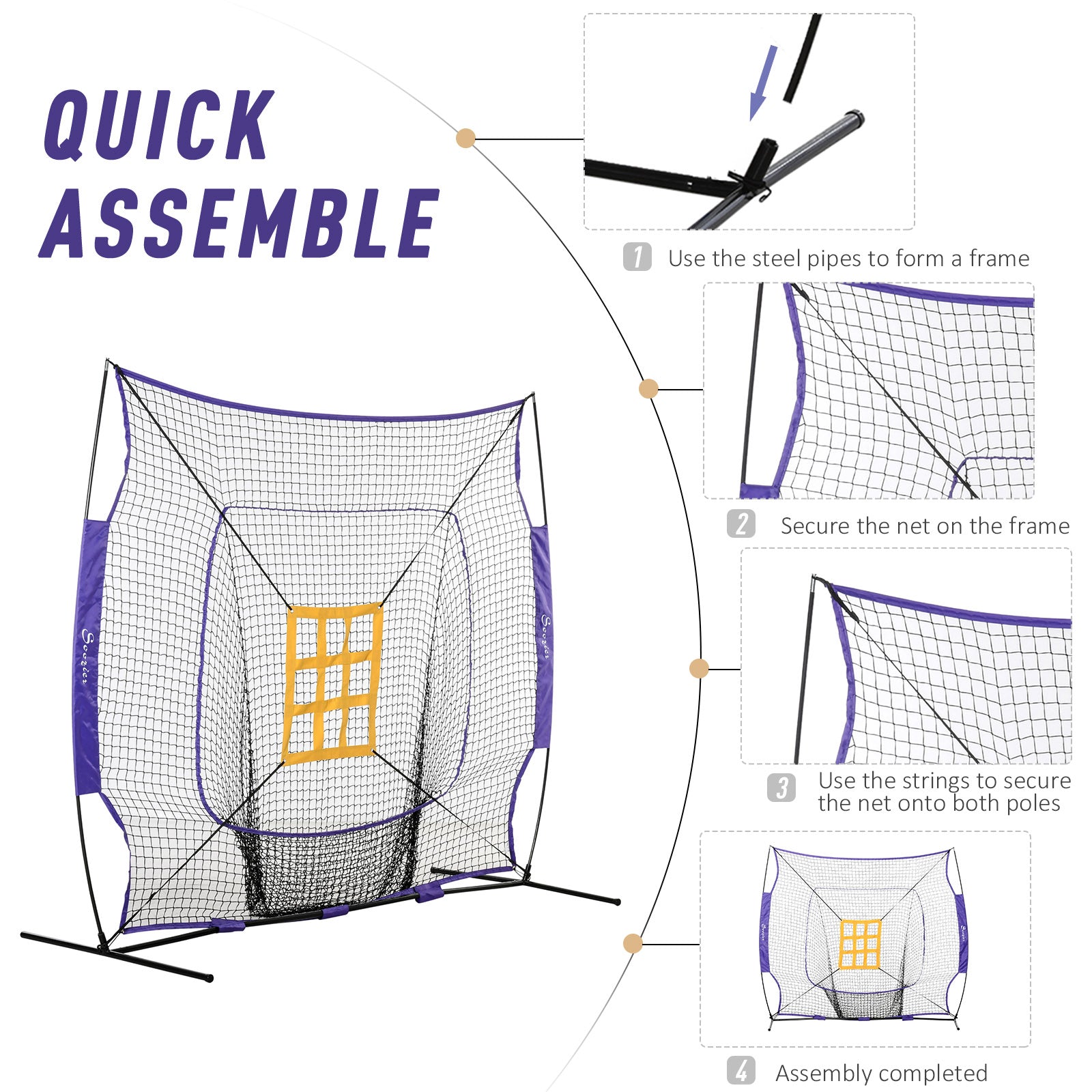 Soozier Baseball Practice Net Set With 7.5X7Ft Catcher Net, Ball Caddy And Batting Tee, Portable Baseball Practice Equipment With Carry Bag For Hitting, Pitching, Batting, Catching, Purple Purple Steel