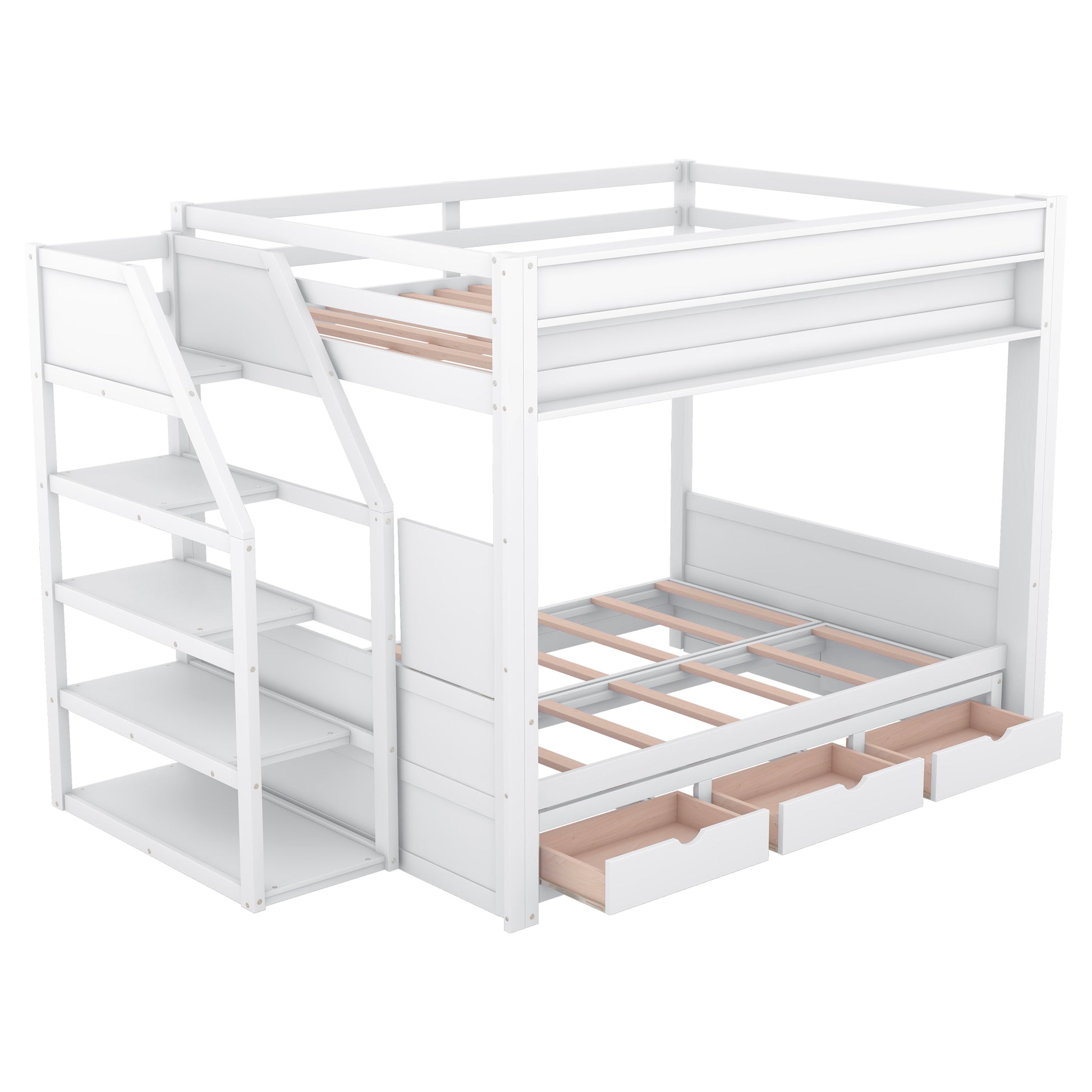 Wood Full Size Convertible Bunk Bed With Storage Staircase, Bedside Table, And 3 Drawers, White White Solid Wood Mdf