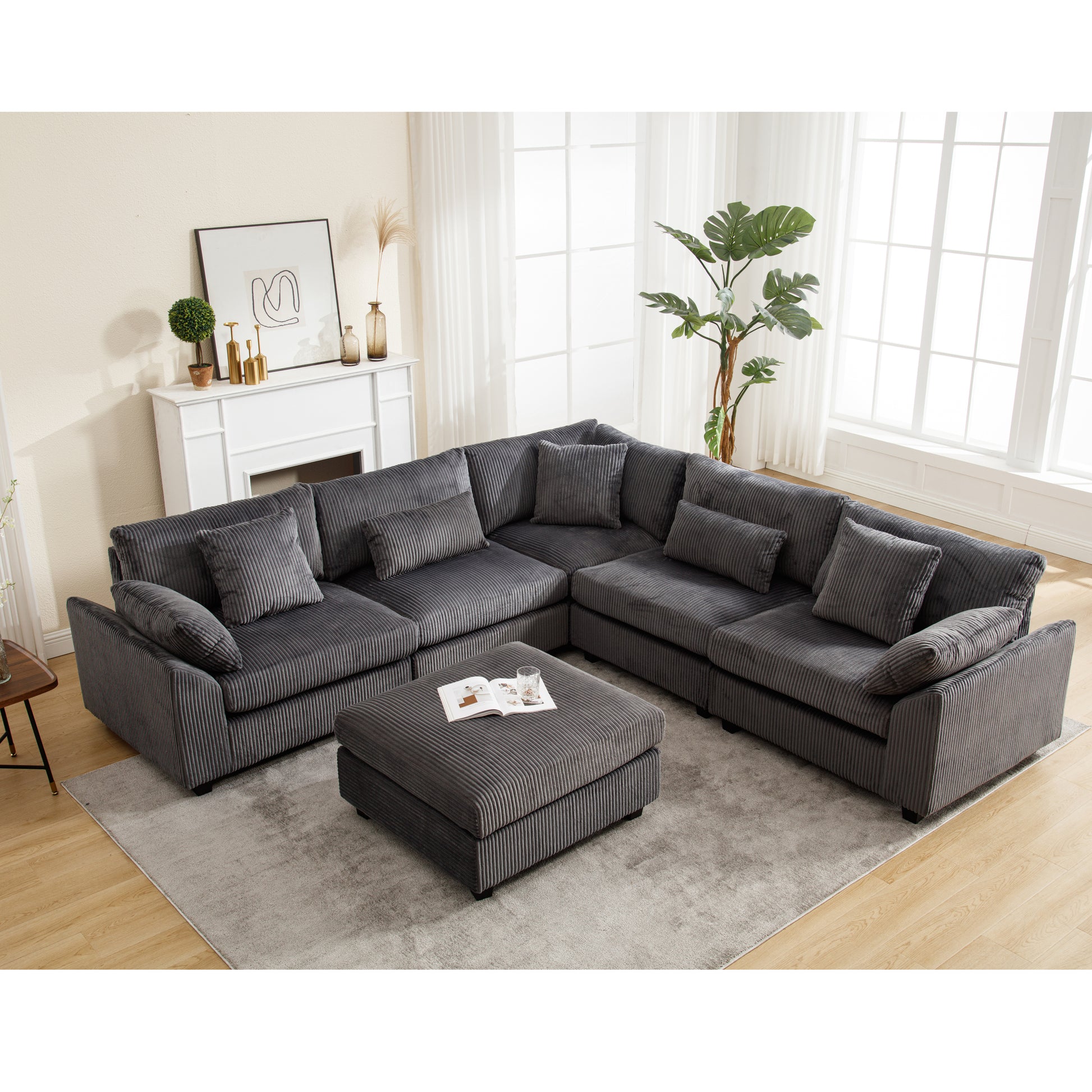 Arrival Oversized Modular Sectional Sofa Couches Set,Corduroy Upholstered Deep Seat Comfy Sofa For Living Room,Dark Gray Dark Gray Fabric 6 Seat