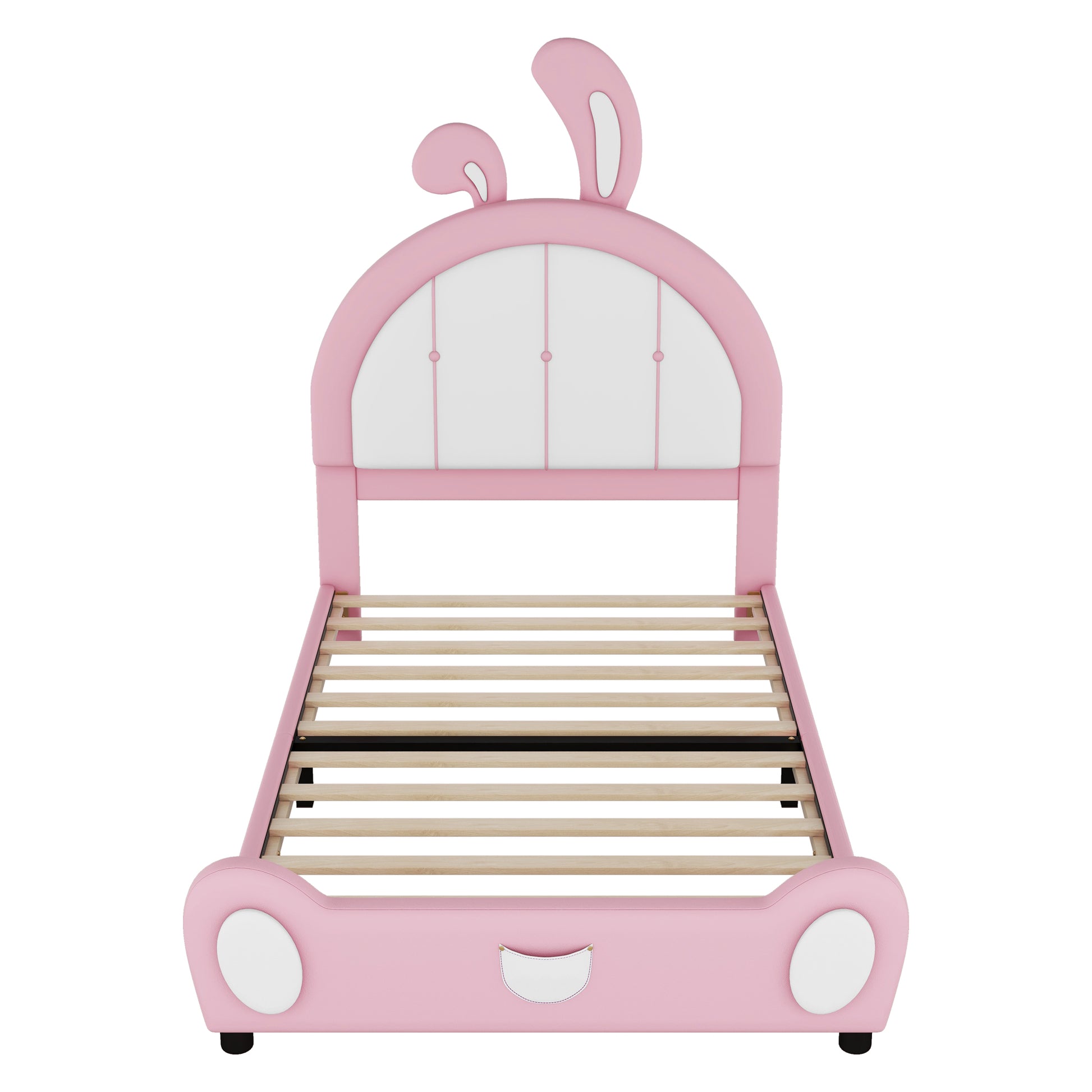 Twin Size Upholstered Platform Bed With Rabbit Shaped Headboard, Pink Box Spring Not Required Twin Pink White Wood Bedroom Bed Frame Faux Leather Upholstered