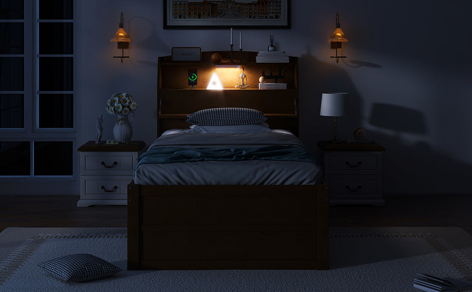 Twin Size Wooden Led Platform Bed With Trundle, With Storage Headboard, With Drawers, Brown Twin Brown Plywood