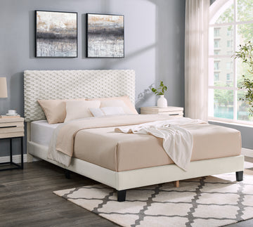 Findlay Plush 3D Upholstered Platform Bed In White Dove,Queen Box Spring Not Required Queen Off White Wood Nature Bedroom Contemporary,Modern Rubberwood Bed Frame Foam Polyester