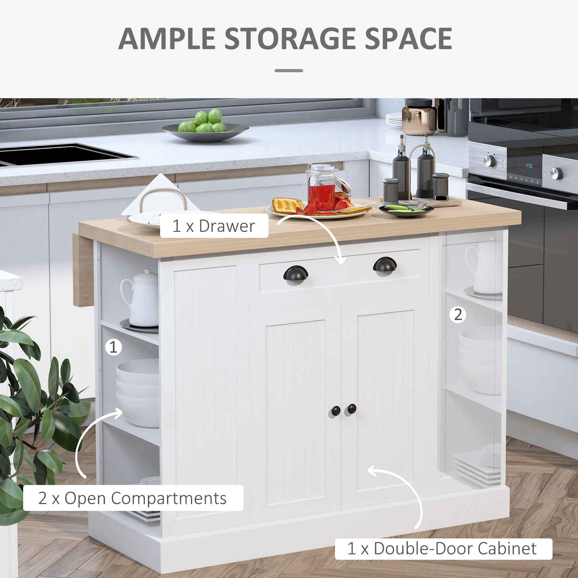 Homcom 47" Fluted Style Wooden Kitchen Island, Kitchen Countertop Storage Cabinet With Drop Leaf, Drawer, Open Shelves, Storage, White White Mdf