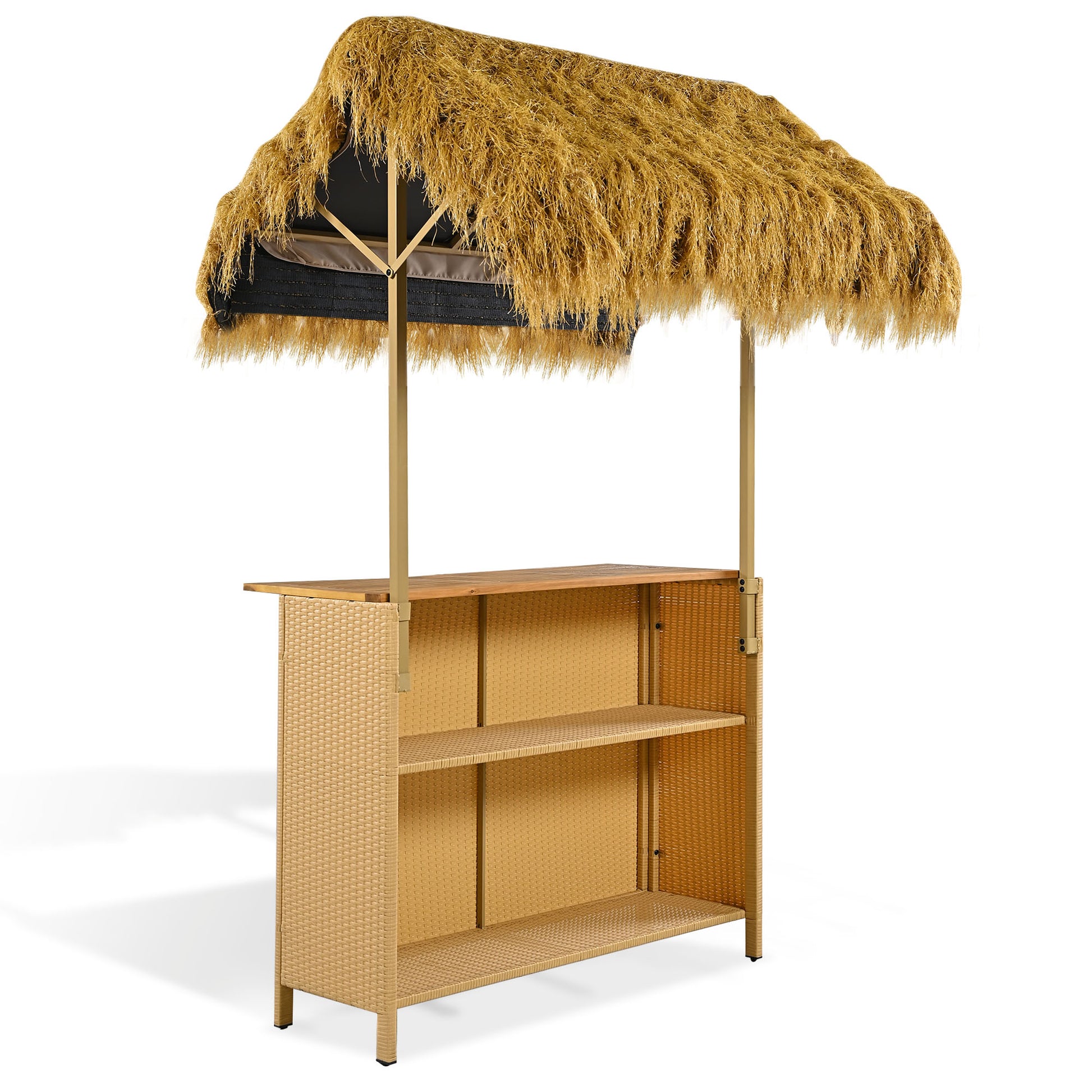 Hawaiian Style Bar Height Patio Set With Pe Grass Canopy, Outdoor Bar Table And Stools With Adjustable Feet, Acacia Wood Top, For Dining And Drinking, Natural Antique Natural Seats 2 Garden & Outdoor Wicker