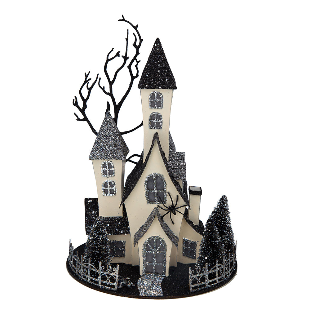 10X8.3X13.5" Cardboard Lighted Haunted House, Black Beige Tabletop Holiday Halloween Decor, Battery Powered Beige Black Paper Composite