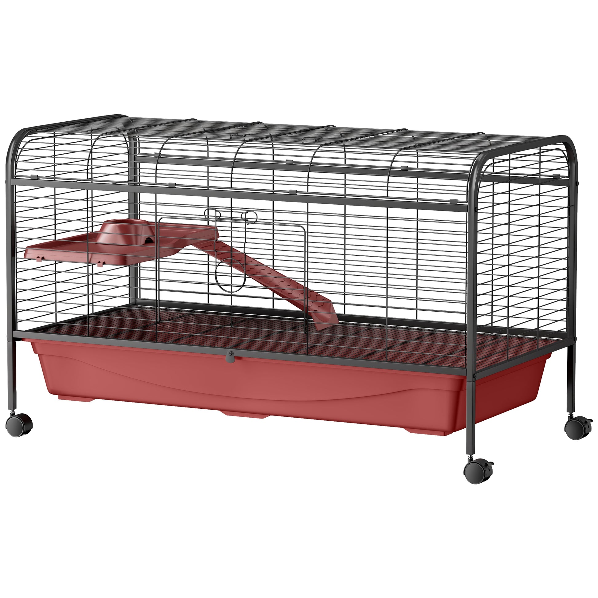 Pawhut 48" L Small Animal Cage, Rabbit Hutch, Or Ferret Pet Play House With Feeder, Rolling Wheels, Platform, Ramp Red Black Steel