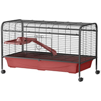 Pawhut 48" L Small Animal Cage, Rabbit Hutch, Or Ferret Pet Play House With Feeder, Rolling Wheels, Platform, Ramp Red Black Steel