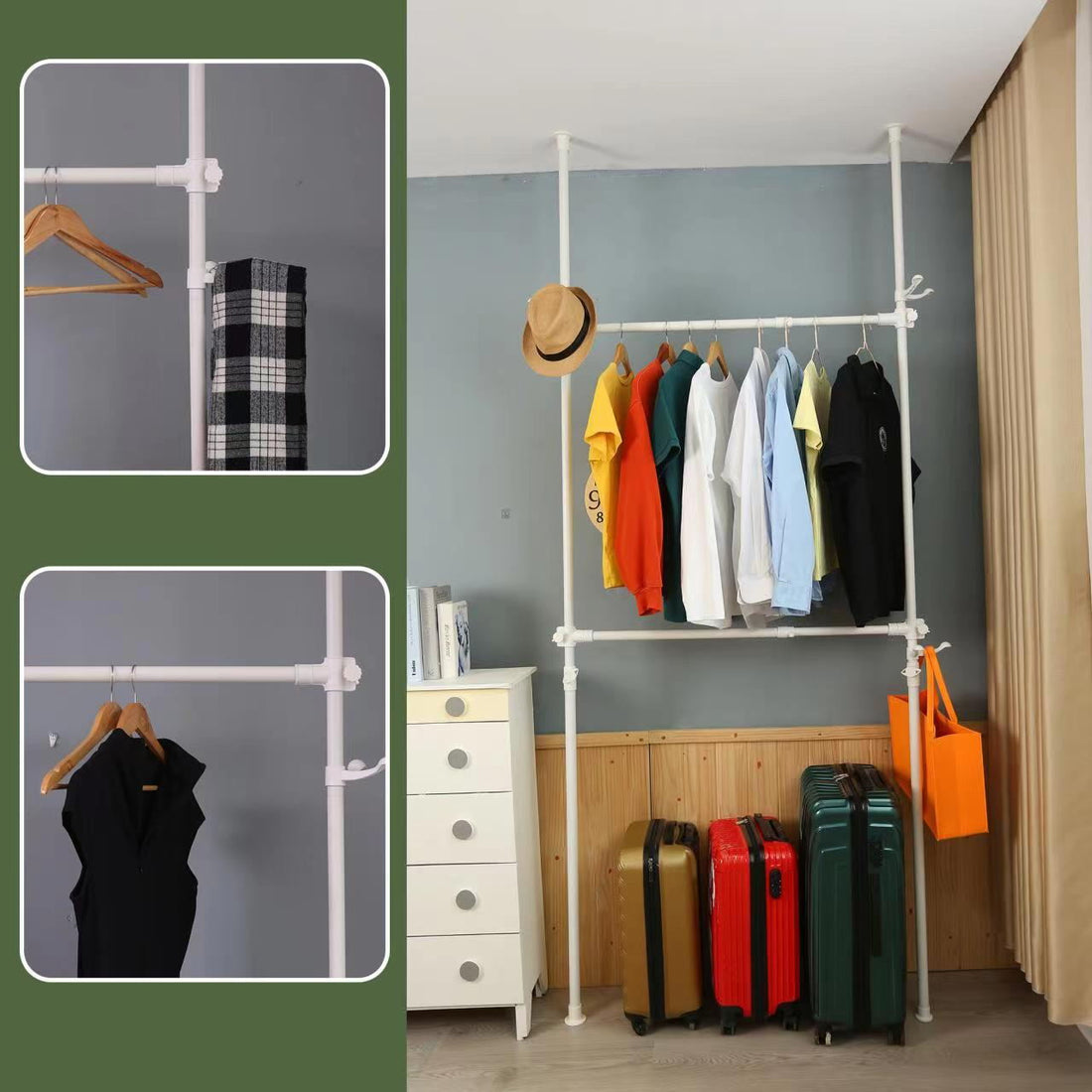 Telescopic Garment Rack, Heavy Duty Design Movable Diy By Hand No Damage To Wall Ceiling Hanging Rail, 31 47In Wide Adjustable, 120 Kilogram Loading, Reach Hook Included, White White Primary Living