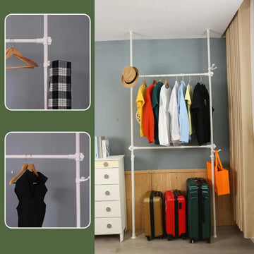 Telescopic Garment Rack, Heavy Duty Design Movable Diy By Hand No Damage To Wall Ceiling Hanging Rail, 31 47In Wide Adjustable, 120 Kilogram Loading, Reach Hook Included, White White Primary Living