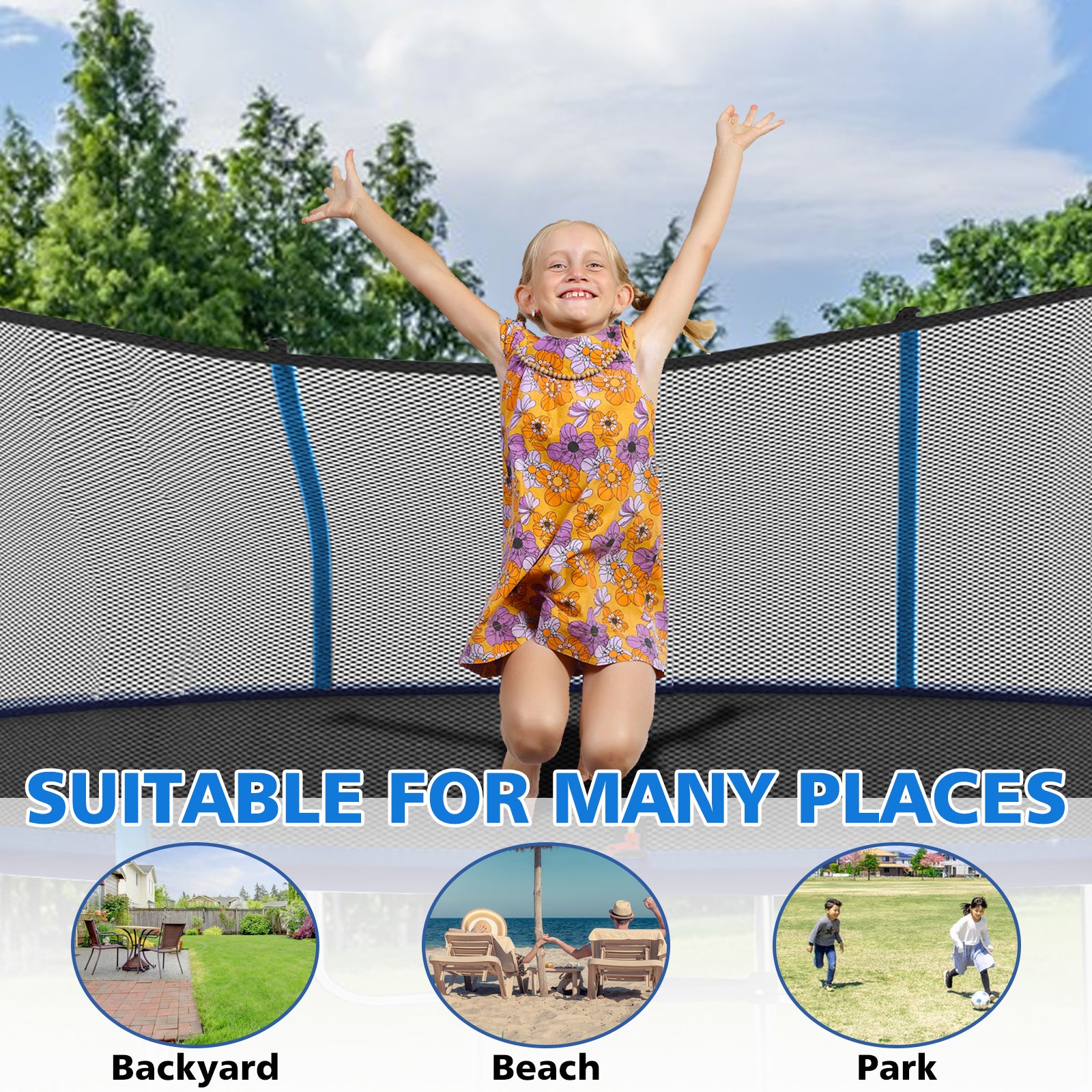 8Ft Outdoor Toddler Trampoline With Enclosure Safety Net Jumping Fun Trampoline, Heavy Duty Jump Pads, Spring Loaded For Children And Adults, Gifts For Boys Girls Blue Garden & Outdoor Iron