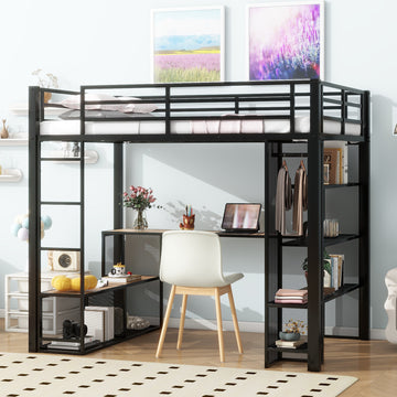 Full Size Metal Loft Bed With Storage Iron Mesh And Mdf Shelves And Open Wardrobe,Black Black Metal