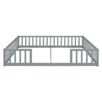 Double Twin Floor Bed With Fence, Guardrails, Without Door, Grey Twin Grey American Design Pine