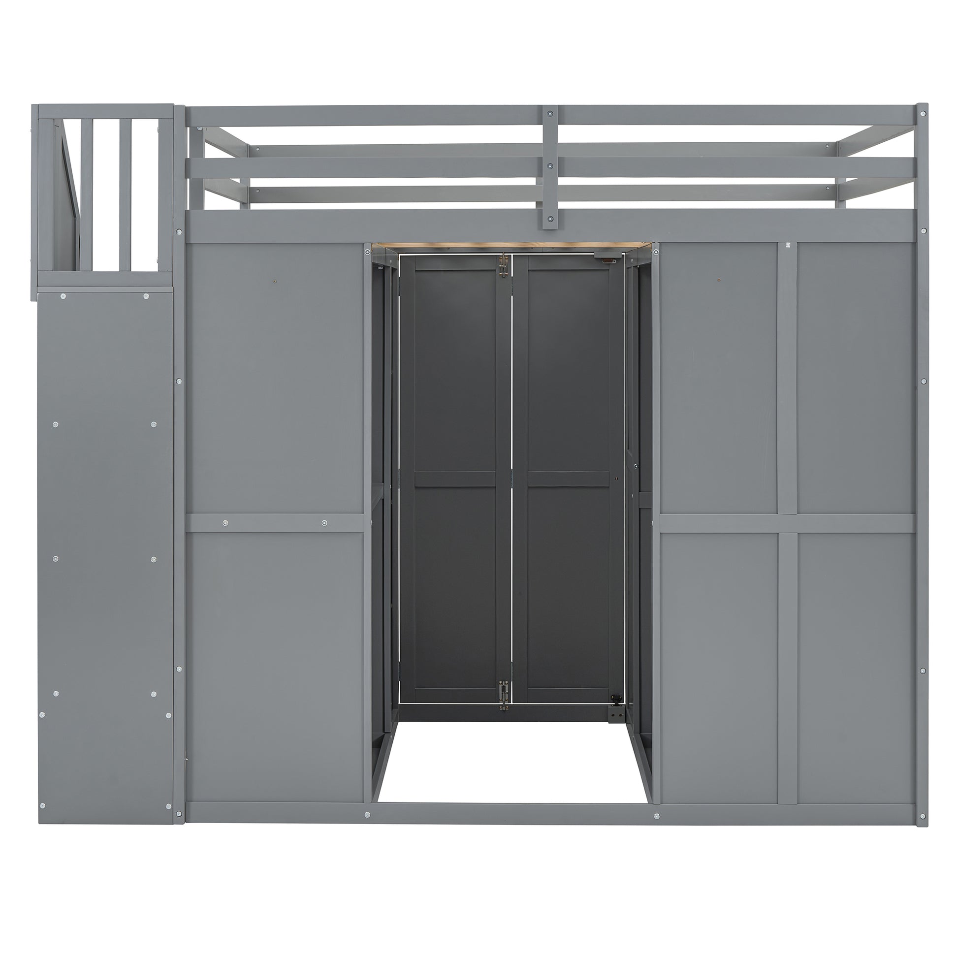 Full Size Bunk Bed With Wardrobe,Desk And Shelves,Grey Grey Mdf Lvl