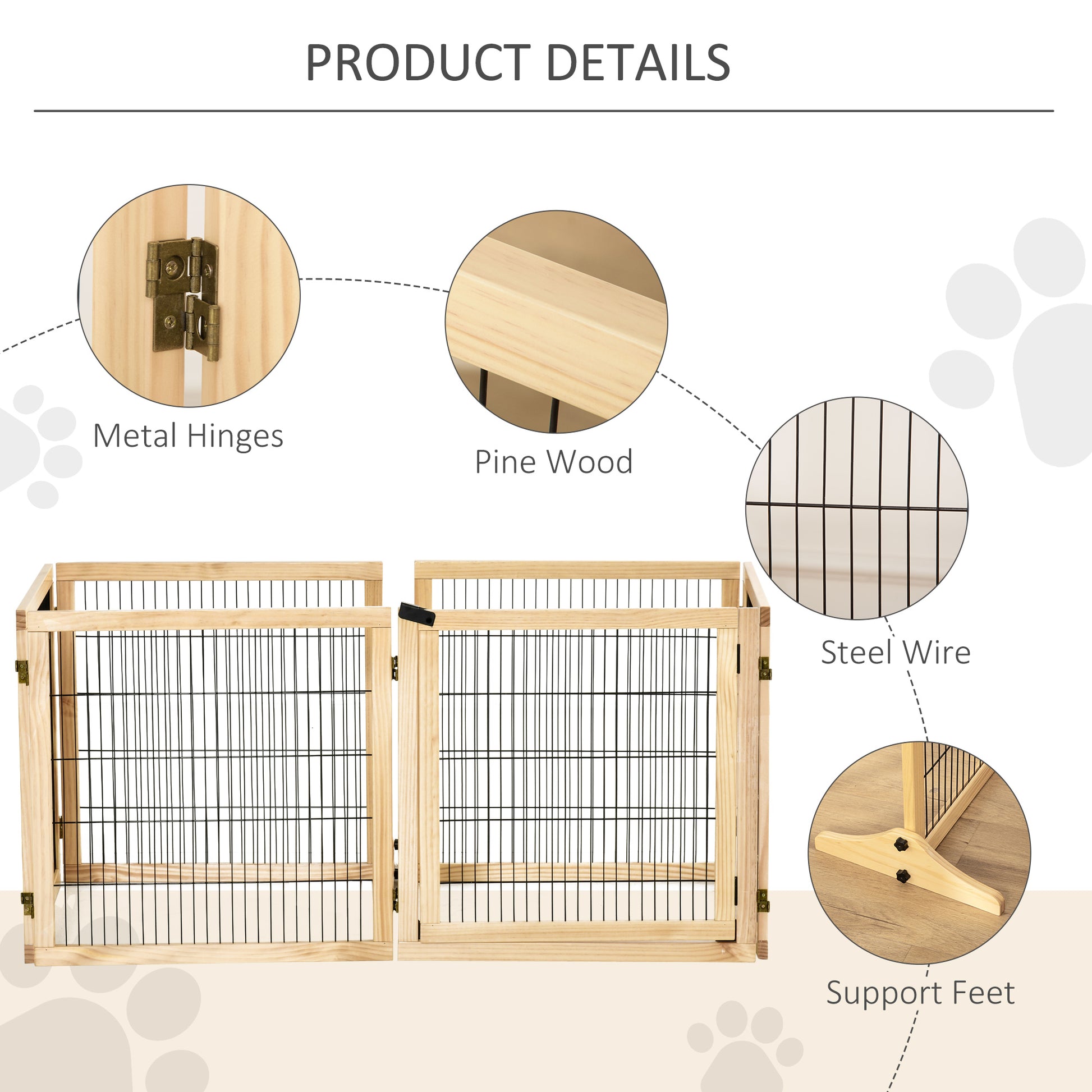 Pawhut Wooden Dog Gate, 170" Freestanding Pet Gate, 6 Panel Foldable Dog Safety Barrier With 2 Support Feet For House Doorway Stairs, Small And Medium Dogs, Natural Wood Natural Wood Wood