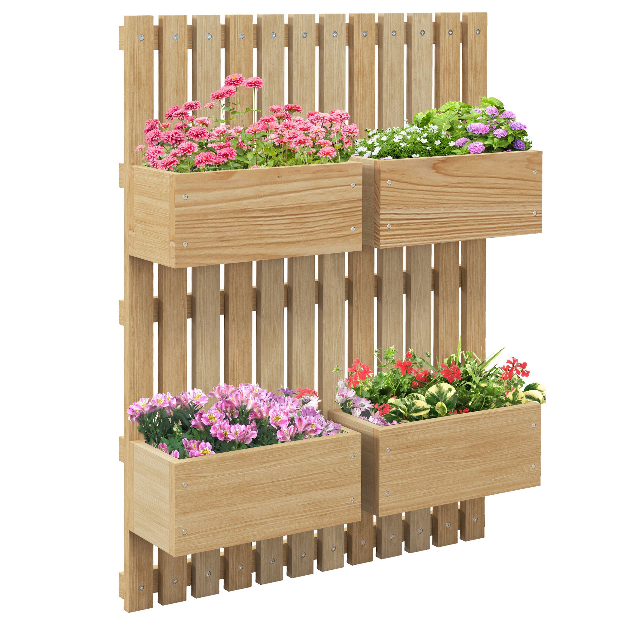 Outsunny 4 Box Raised Garden Bed With Trellis For Vine Flowers & Climbing Plants, 31.5" Tall Wall Mounted Wood Planter Box Set With Adjustable Height, Drainage Hole, Natural Natural Wood