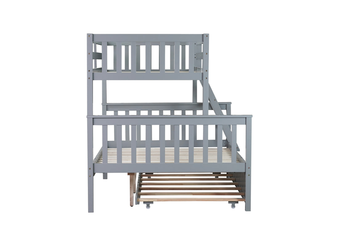 Twin Over Full Rubber Wood Bunk Bed With Trundle, Convertible Ladder And Guardrail, Detachable, Convertible Bed, With Twin Size Trundle ,Grey Twin Grey Rubber Wood