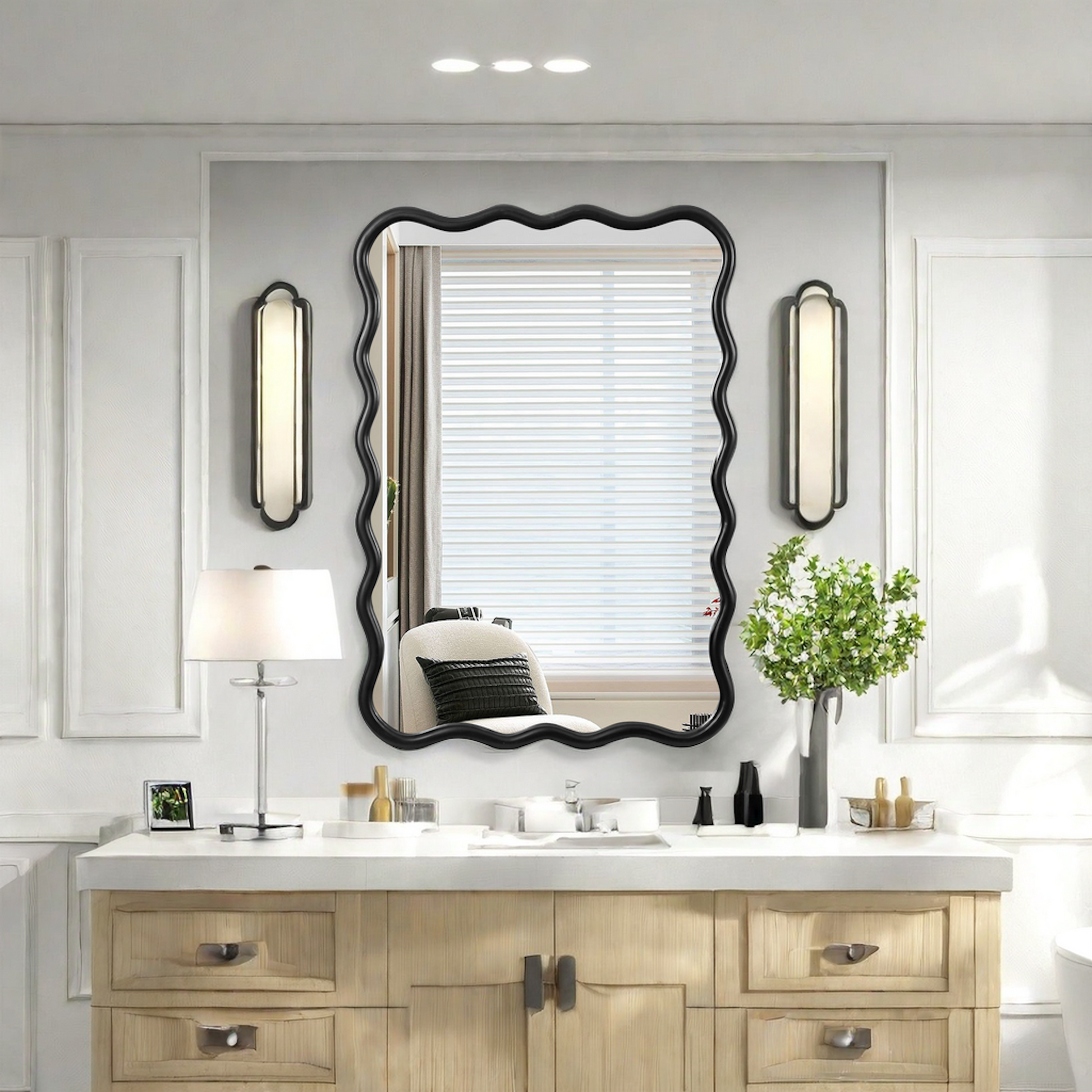 Solid Wood Wavy Rectangle Mirror Black 40" X 28" Modern Mirror Wall Decor For Bathroom, Bedroom, Living Room, Dining Room, Cloakroom, Entryway Rectangle Antique Black Living Room Large 33In 40In Glass Solid Wood