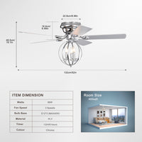 5 Blade 52 Inch Chrome Ceiling Fan With 3 Light No Include Bulb Chandelier Remote Controlled Chrome American Design,American Traditional,Farmhouse,Rustic,Vintage Plywood Iron