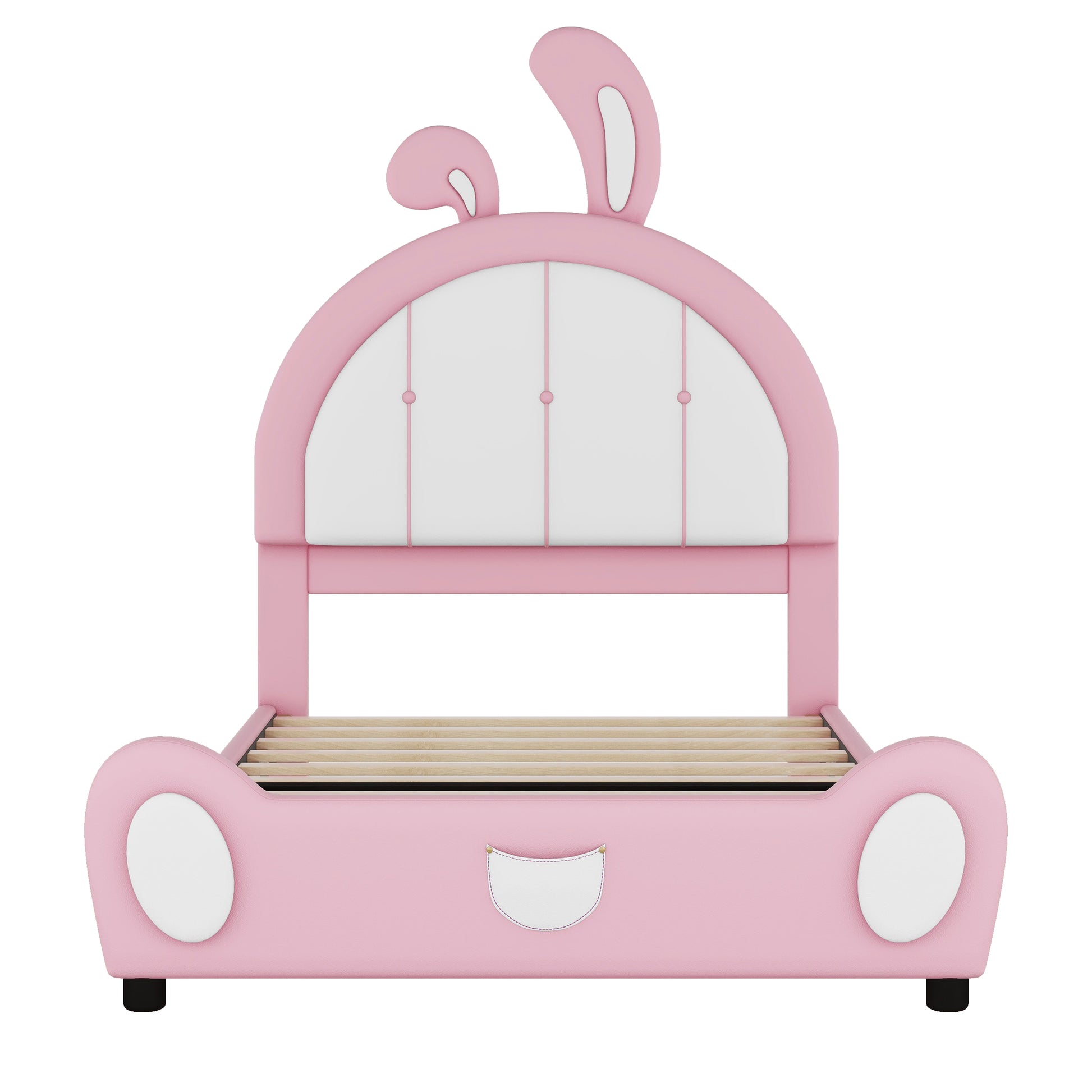 Twin Size Upholstered Platform Bed With Rabbit Shaped Headboard, Pink Box Spring Not Required Twin Pink White Wood Bedroom Bed Frame Faux Leather Upholstered