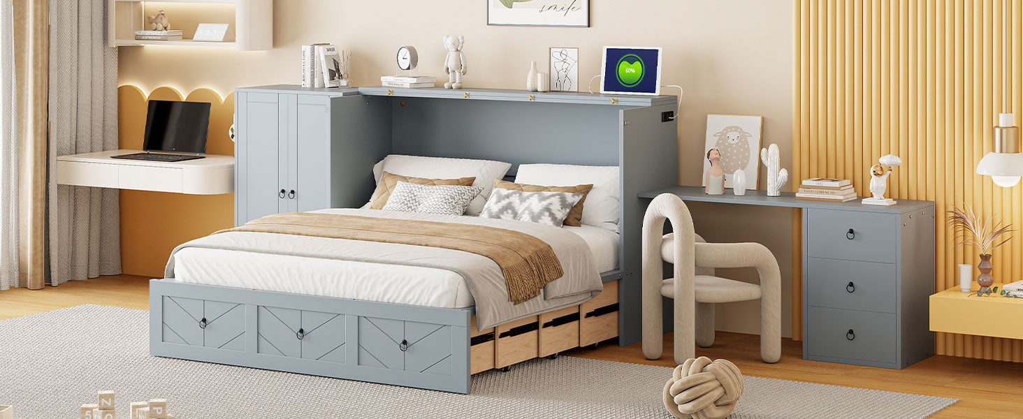 Queen Size Murphy Bed With Usb Port, Large Drawer, And Wardrobe Desk Combo Versatile Gray Cabinet Bed Queen Gray Solid Wood Mdf