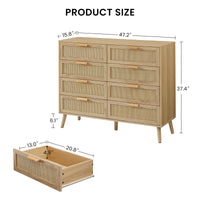 Bedroom Dresser, 8 Double Dresser With Rattan Drawers, Wood Chest Of Drawers For Kids Room, Living Room, Entry And Hallway, Natural, 47.2''W X 15.8''D X 37.4''H. Natural Particle Board