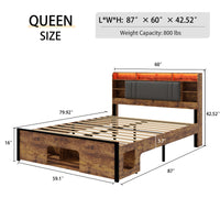 Queen Bed Frame With Upholstered Headboard And Wood Platform,Storage Headboard With Charging Station And Led, Bed Frame With Pet Bed,No Noise, No Box Spring Needed,Easy Assembly,Rustic Brown Box