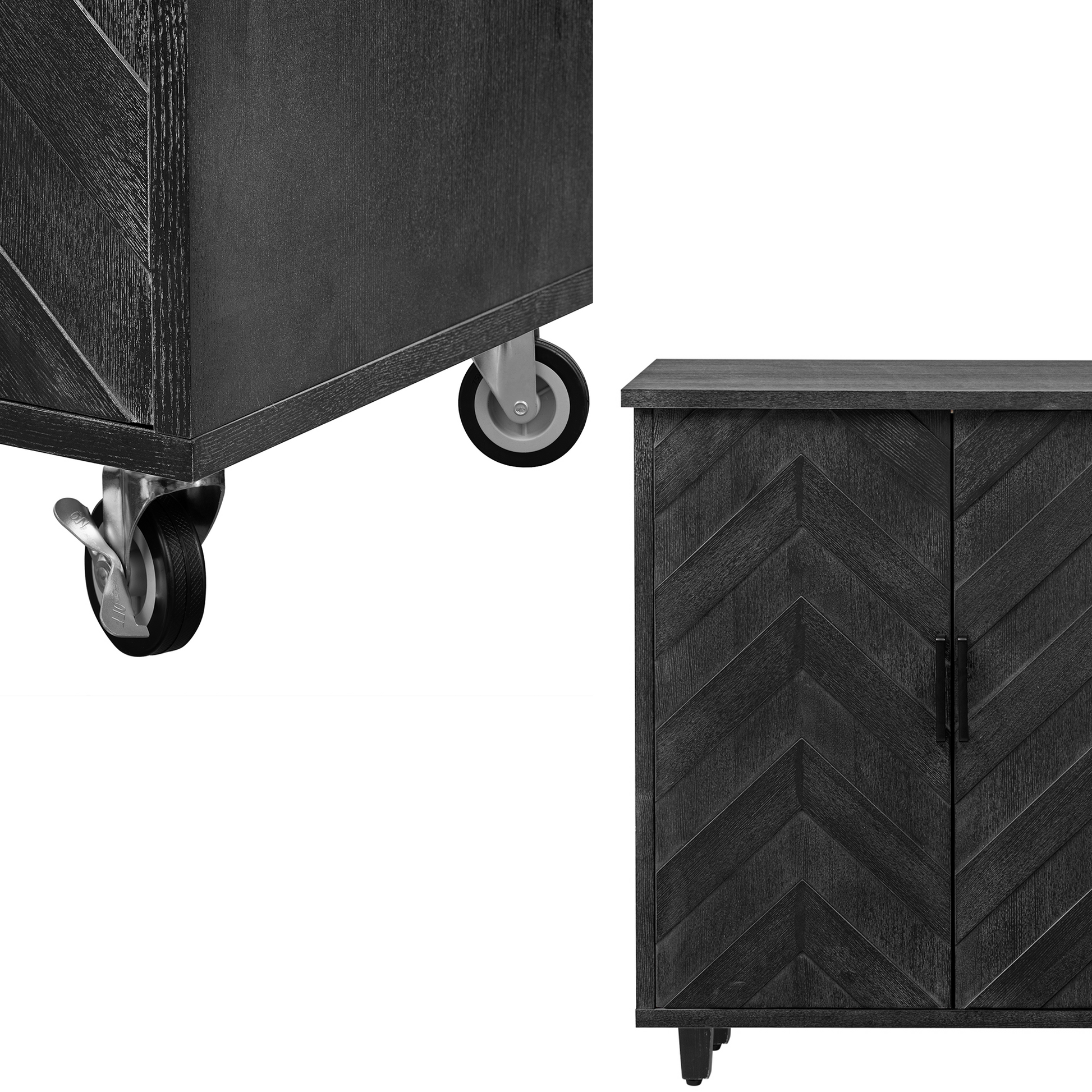 K&K 51.2"W 3D Wave Stripes Ash Veneer Not Cheap Paper Kitchen Island With Drop Leaf, Farmhouse Kitchen Island On Wheels With Internal Storage Rack, Rolling Kitchen Cart Black Black Brown Kitchen