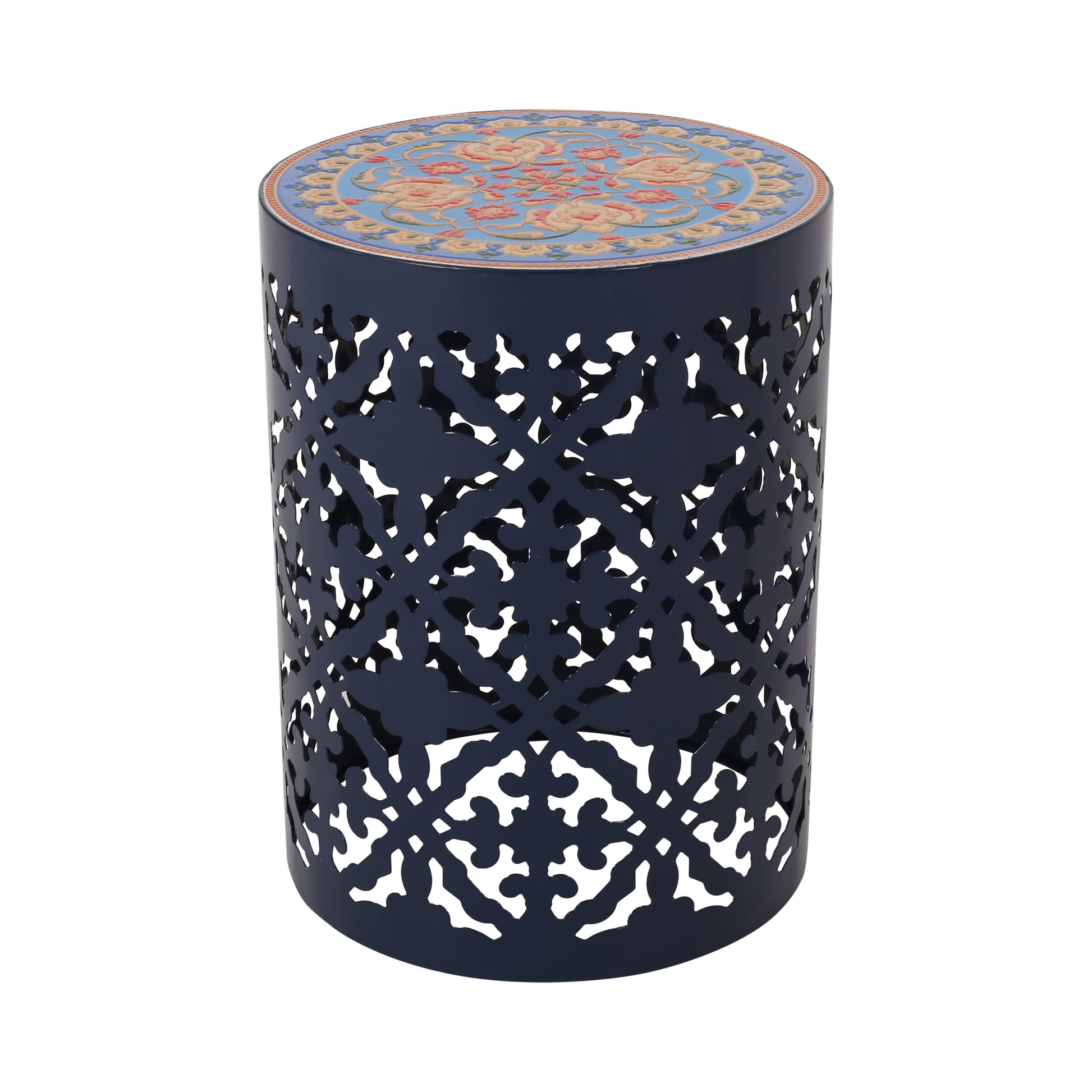 Side Table Dark Blue Rattan Metal