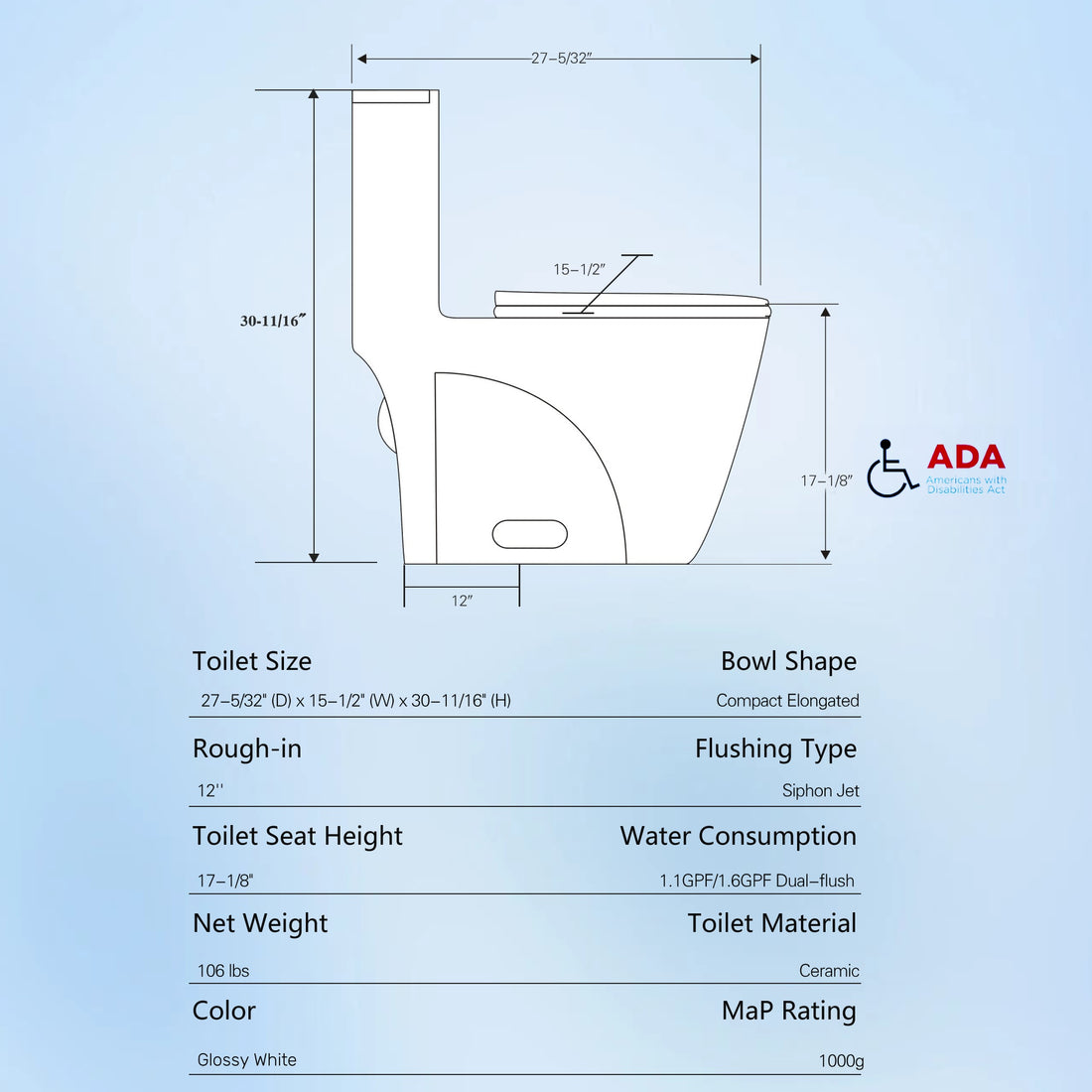 One Piece Toilet, 1.1 1.60 Gpf Water Efficient Dual Flush Elongated Comfort Height Floor Mounted, Standard Size Toilet With Soft Closing Seat Included, Glossy White 24T01 Gw White Ceramic