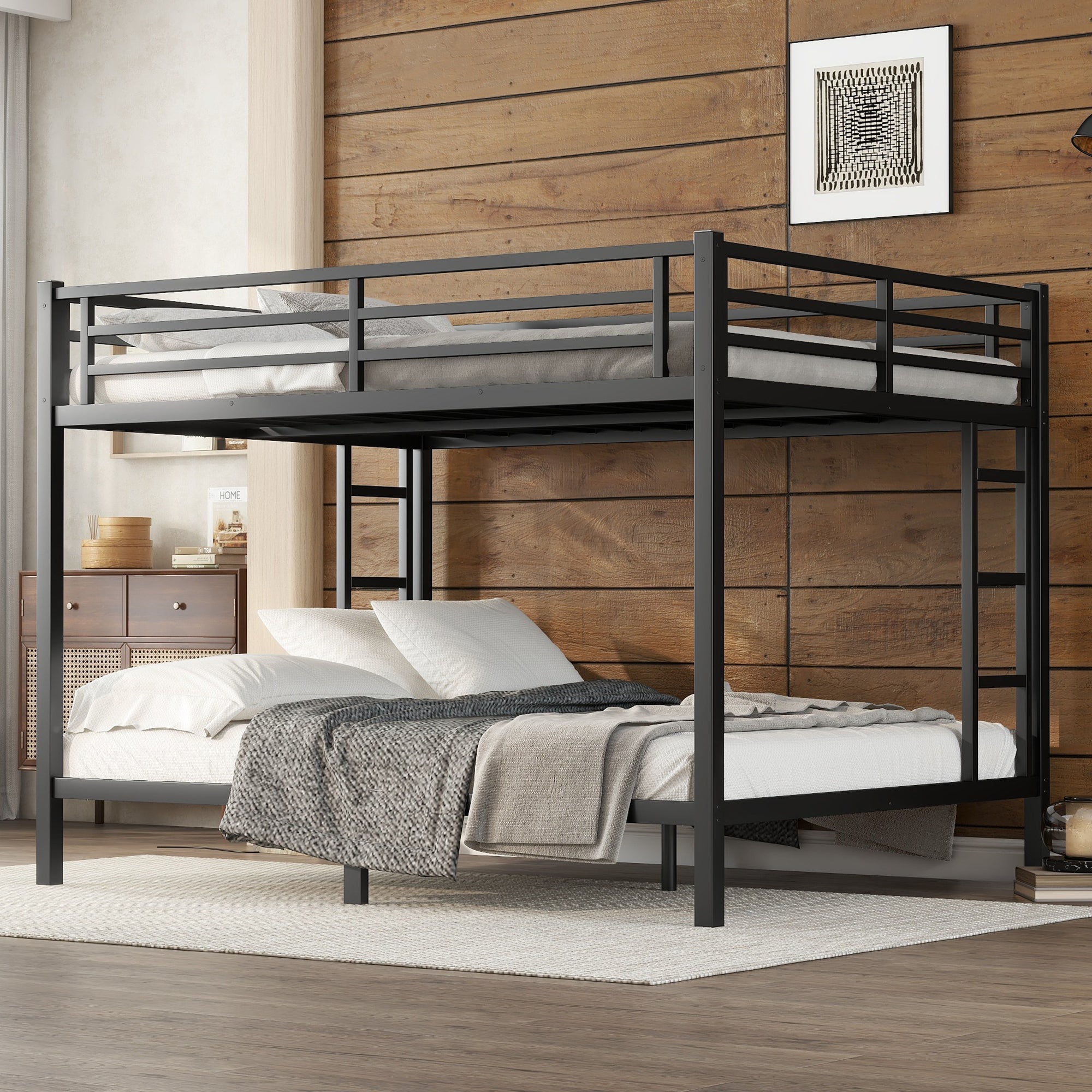 Metal Queen Over Queen Bunk Bed For Teens And Adults,Space Saving Noise Reduced No Box Spring Needed, Black Black Metal